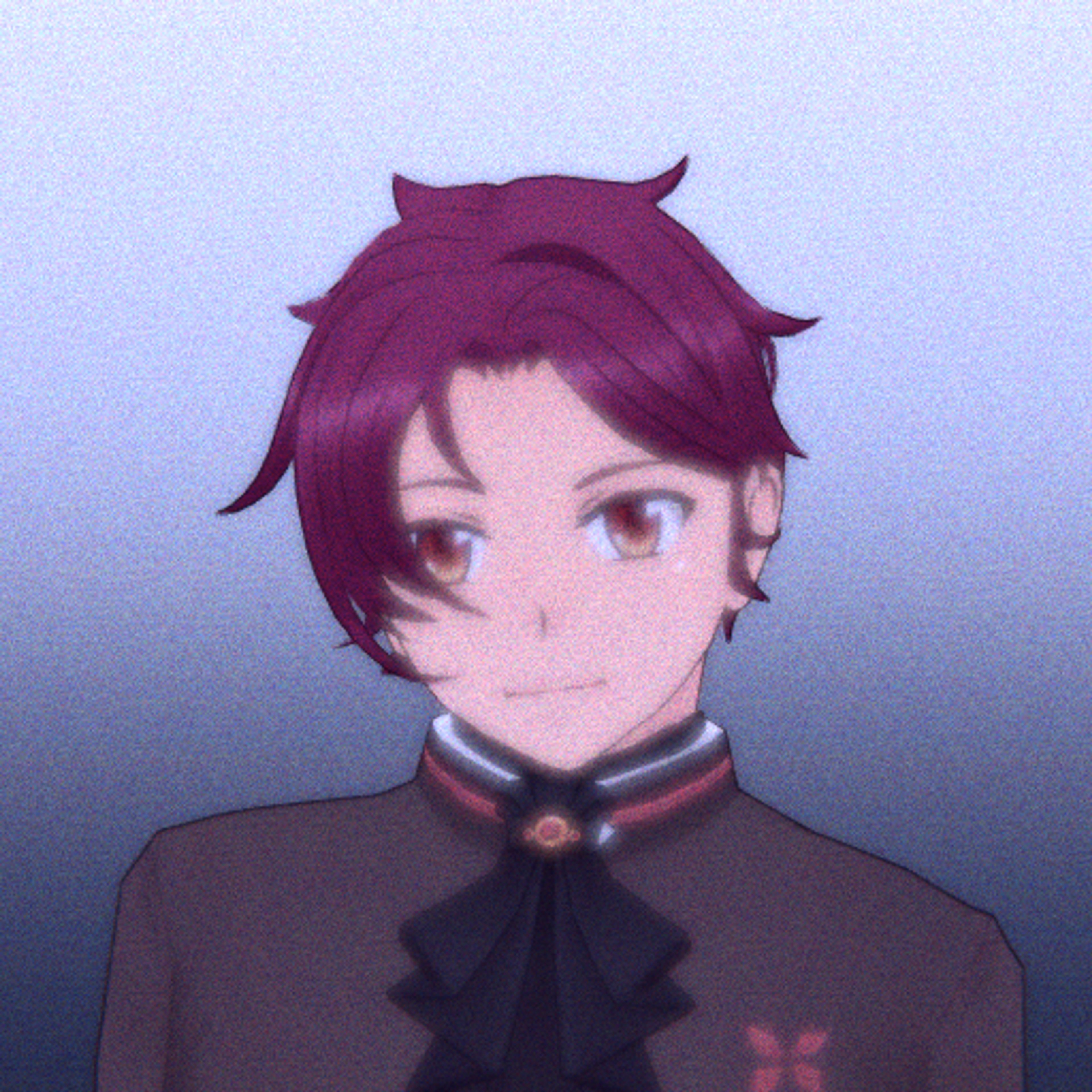 A young man with purple hair and orange eyes wearing a school uniform with a black jabot