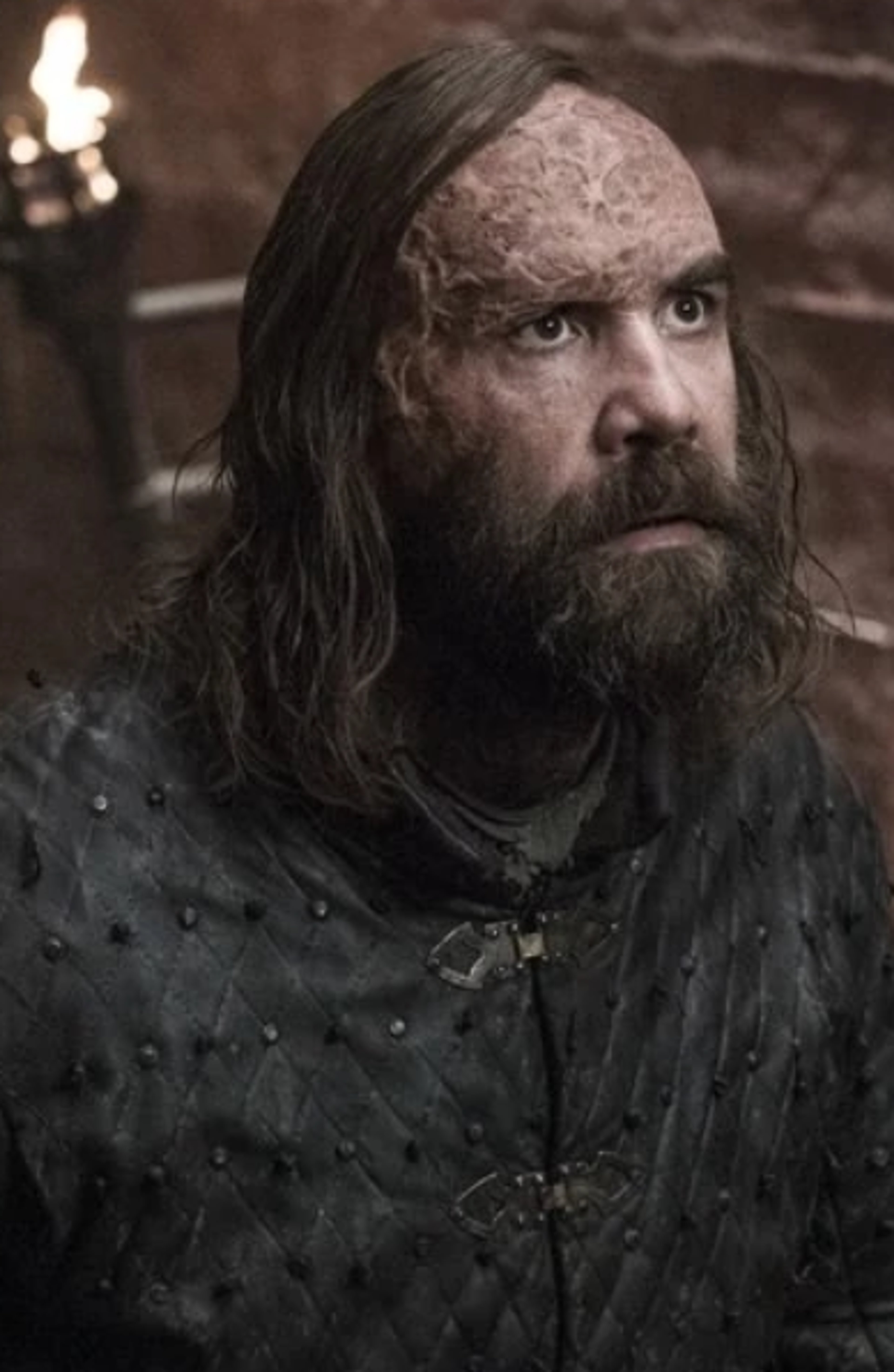 A rugged, scarred warrior with long dark hair and a thick beard