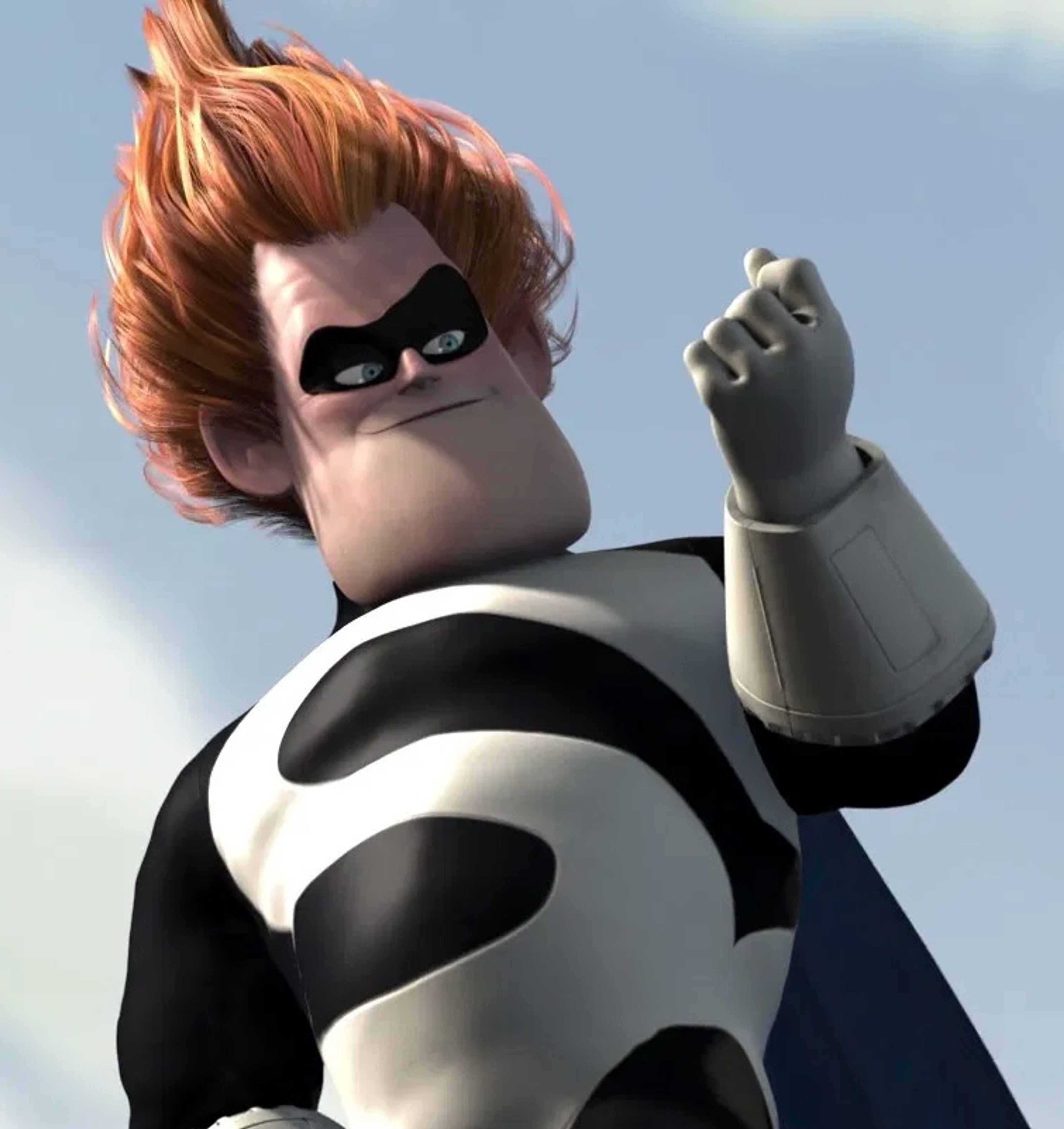 An animated character with red hair and a black mask, wearing a black and white bodysuit with an 'S' symbol.
