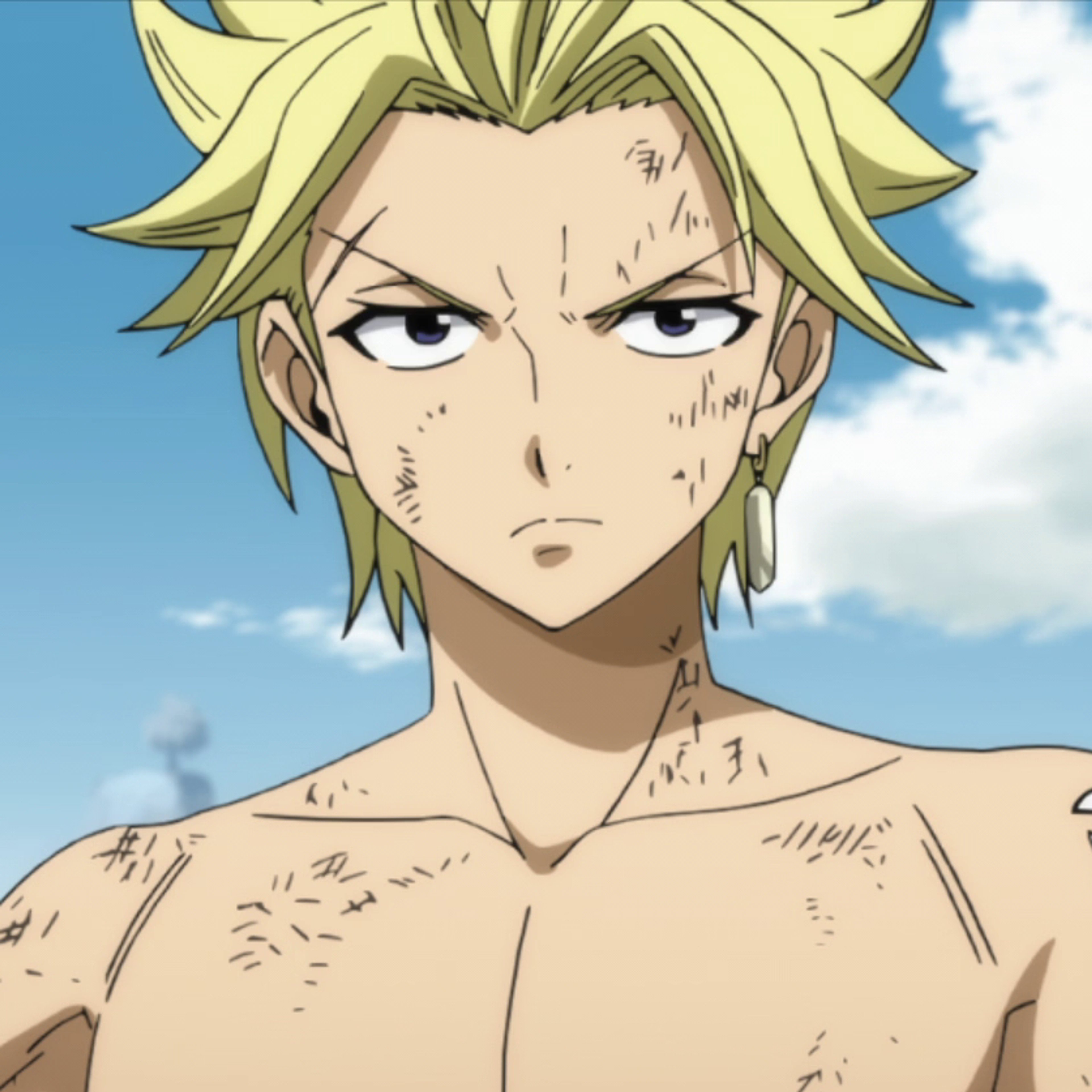 A shirtless young man with spiky blonde hair and a muscular build, looking determined.