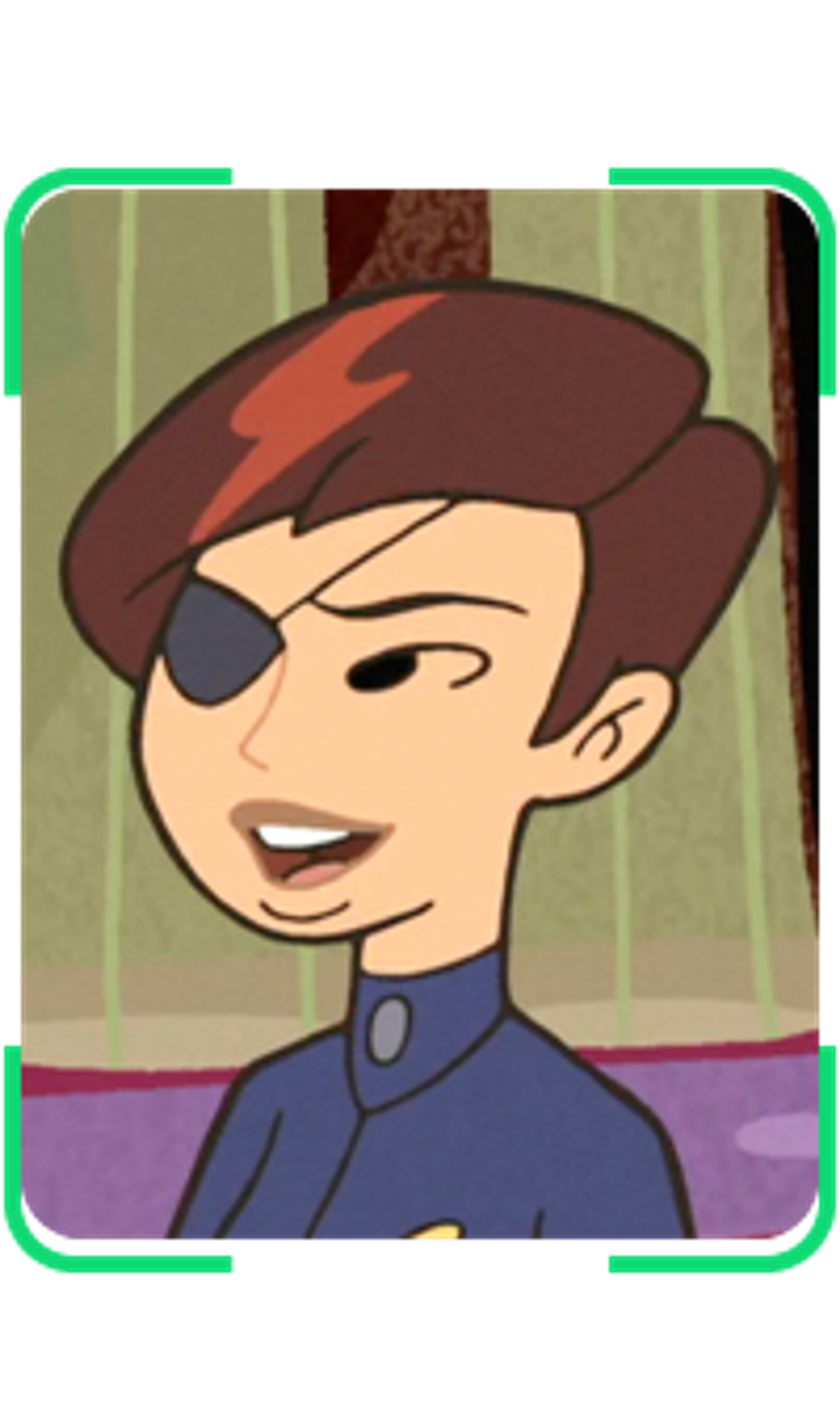 An animated character with short brown hair, an eye patch, and a stern expression wearing a blue uniform.