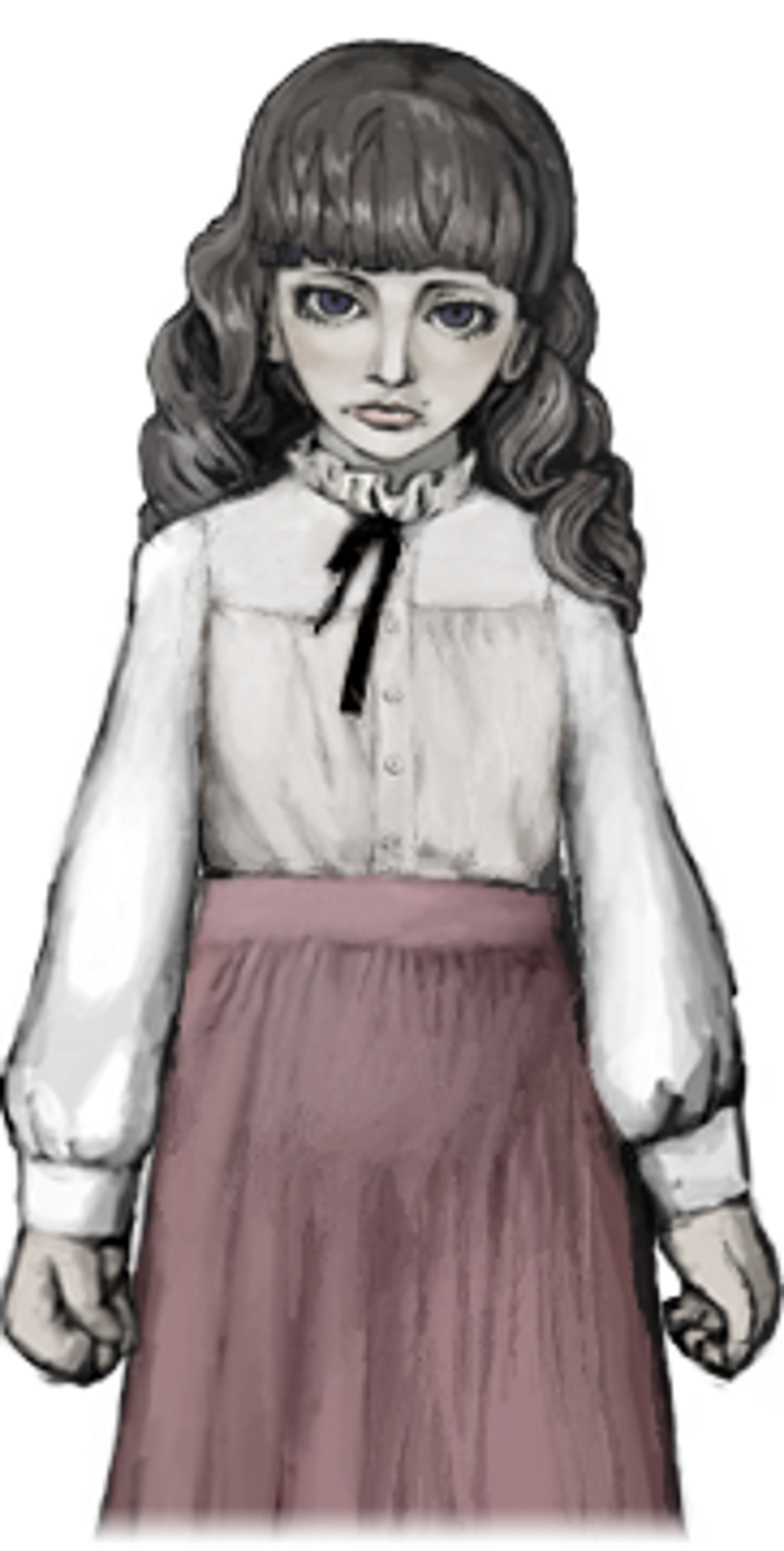 A young woman with pigtails wearing a white blouse and pink skirt, with an occult-inspired appearance.