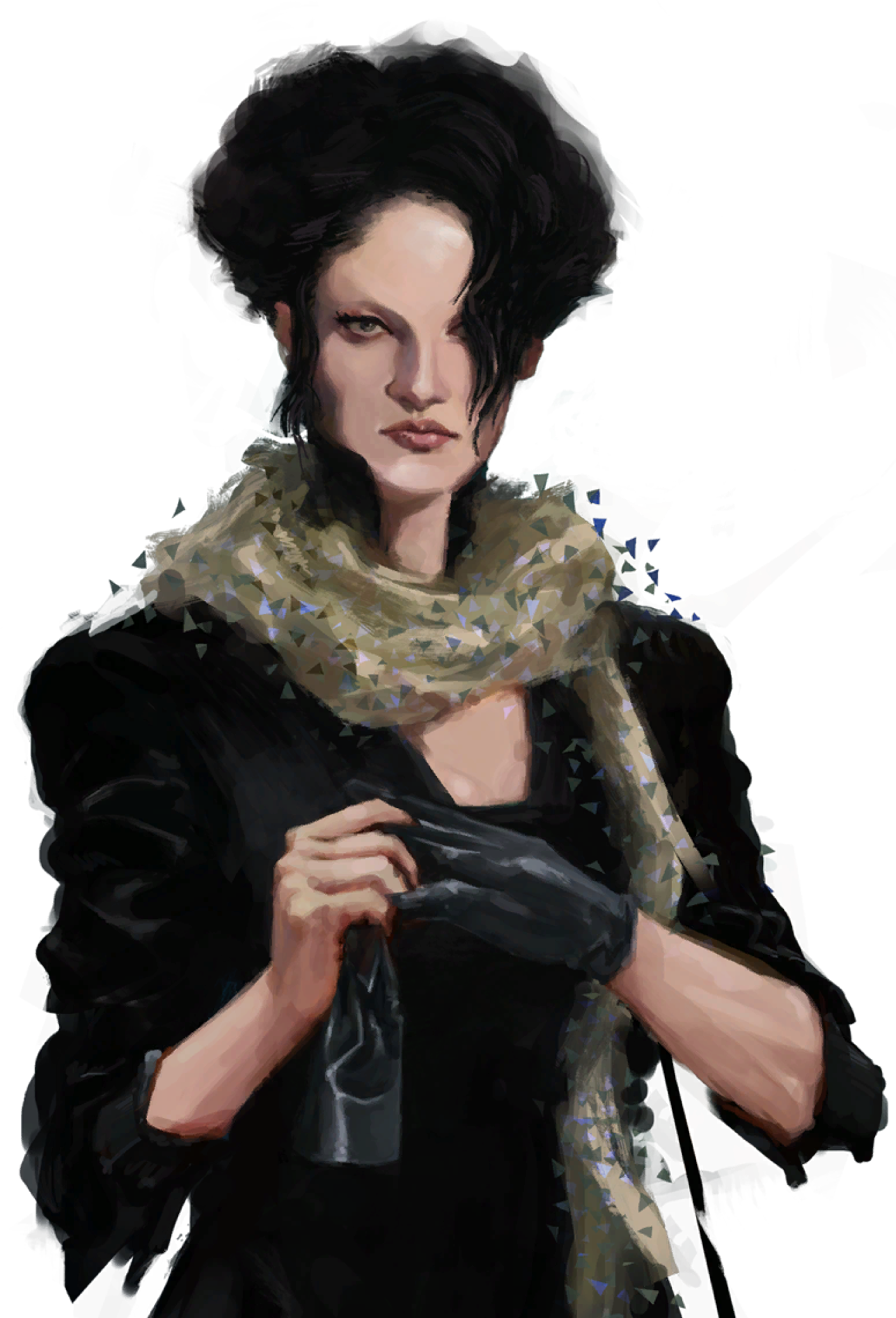 A woman with dark hair and pale skin wearing a black outfit with a fur-trimmed collar, holding a weapon.