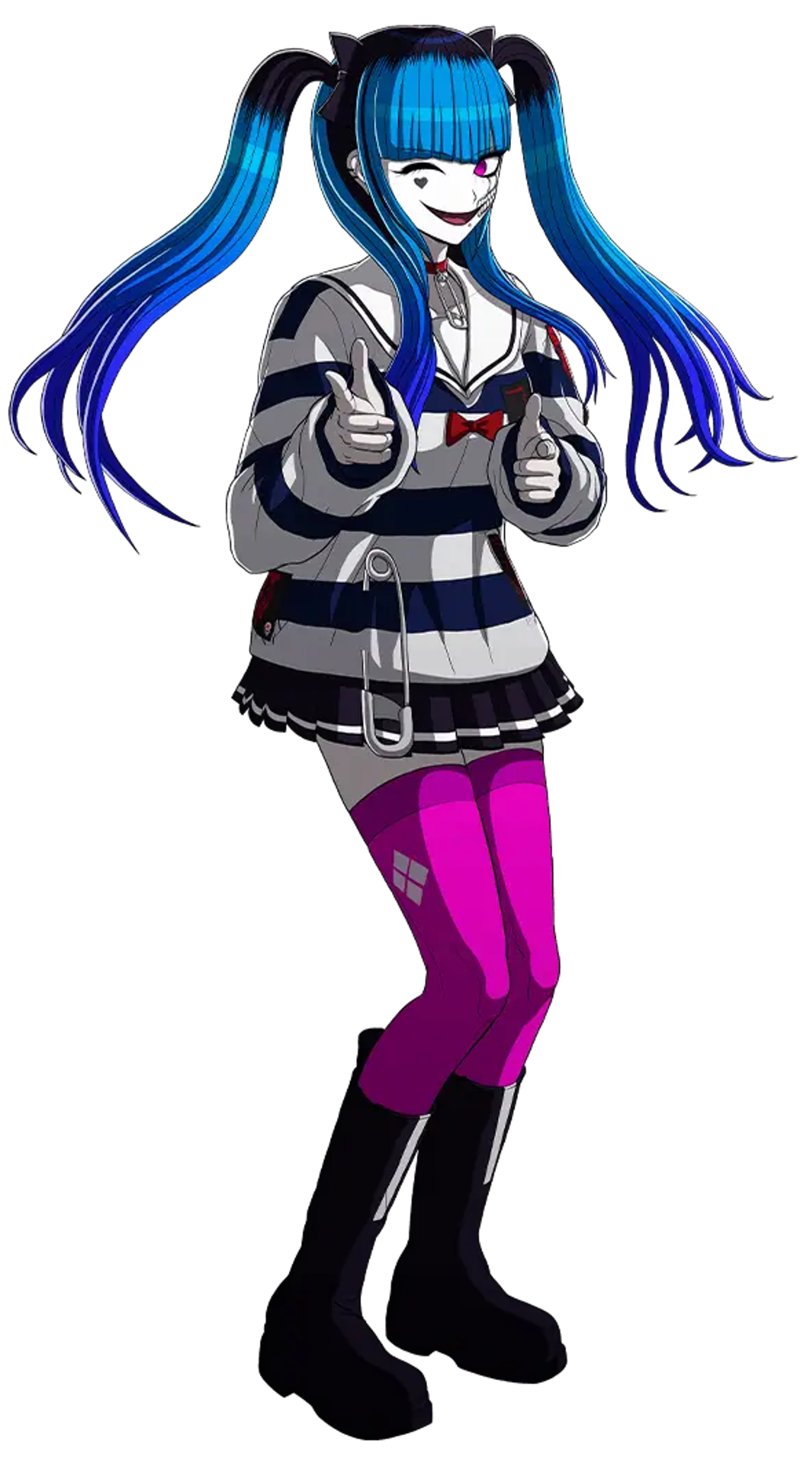 A gothic teenage girl with blue and black hair in pigtails, wearing a striped sweater, thigh-high stockings, and boots, and holding multiple knives.