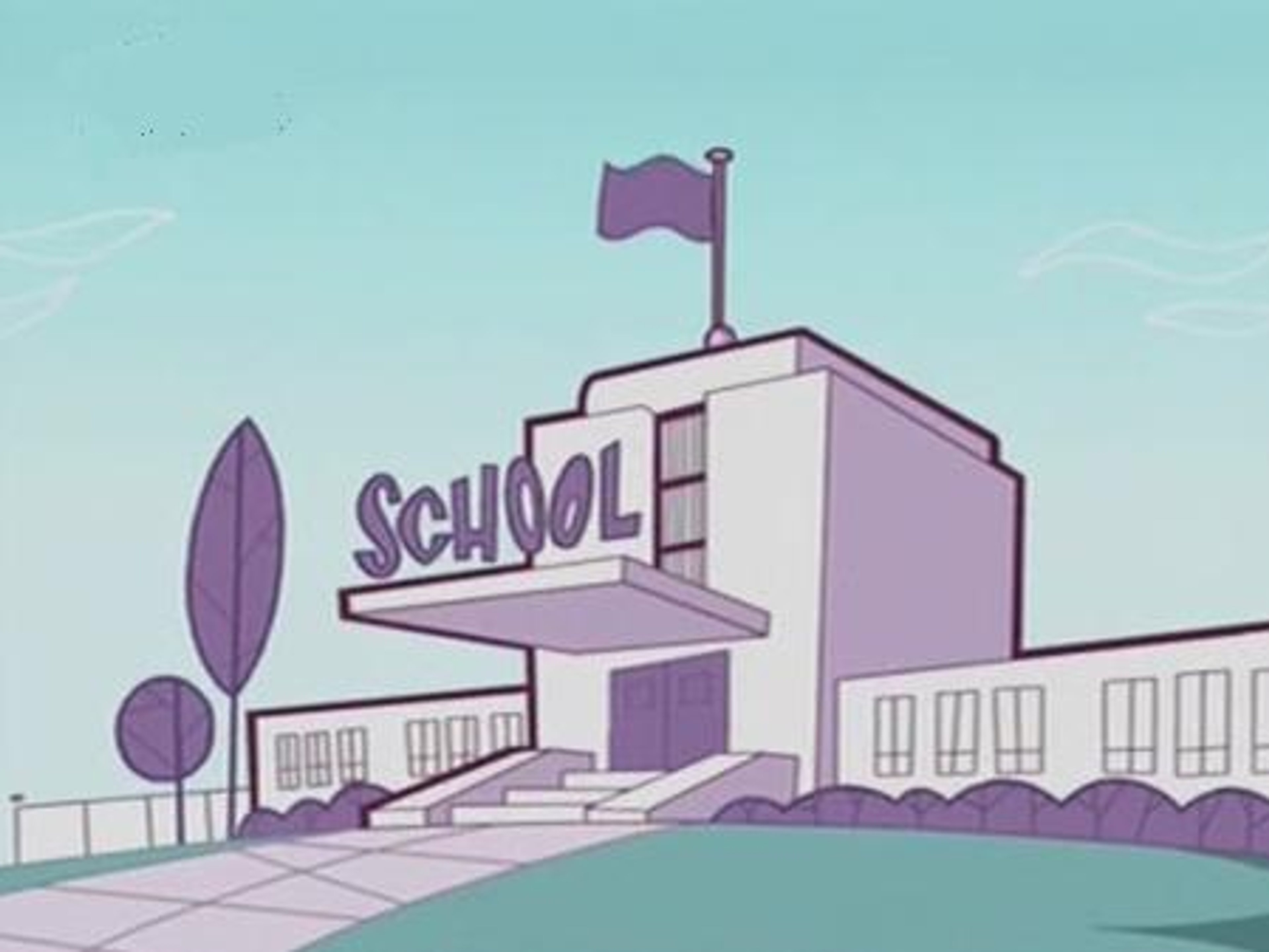 A cartoon school building with a purple flag and a round, red-haired woman in a purple outfit standing in front of it, who is described as the principal of the school.