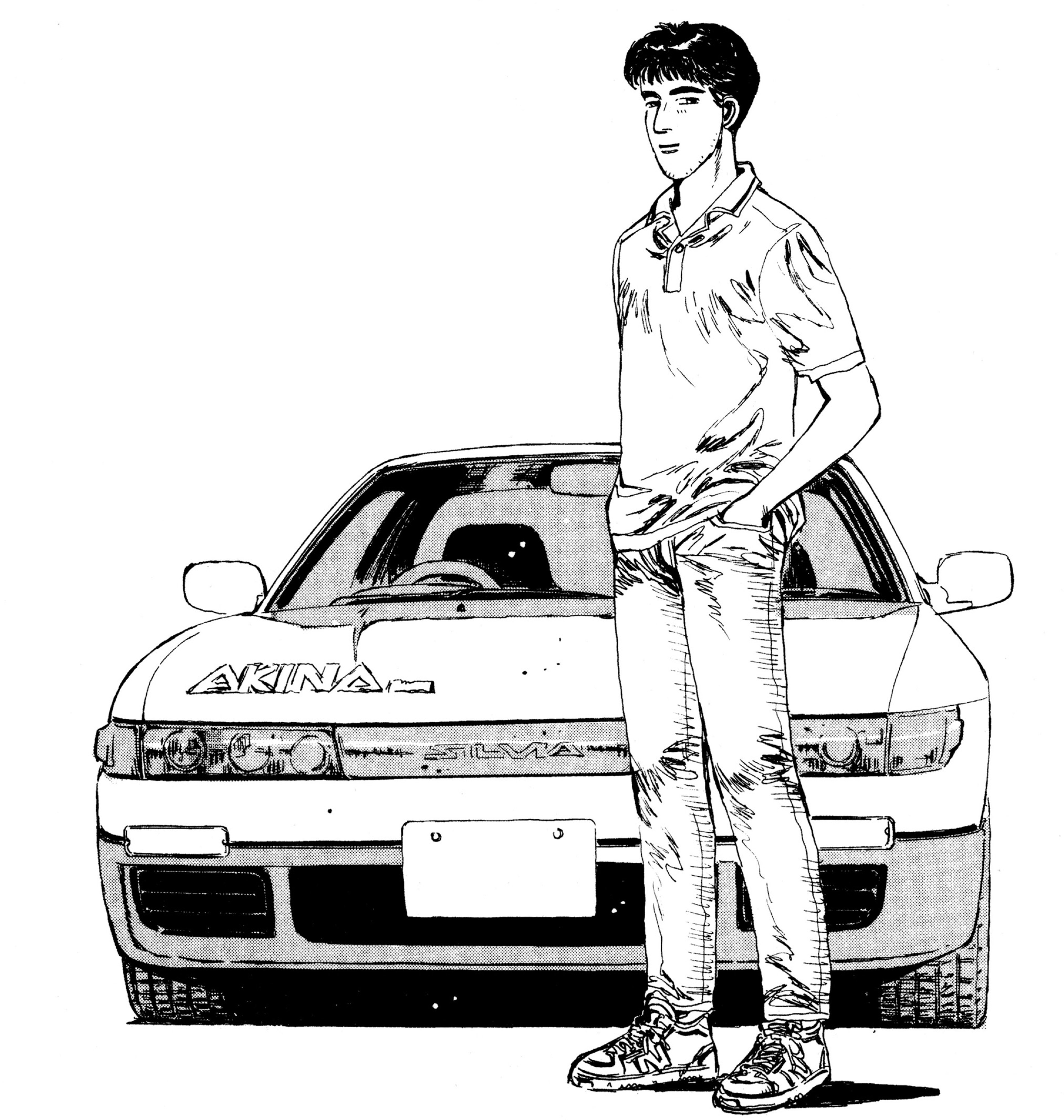 A young man standing next to a white sports car