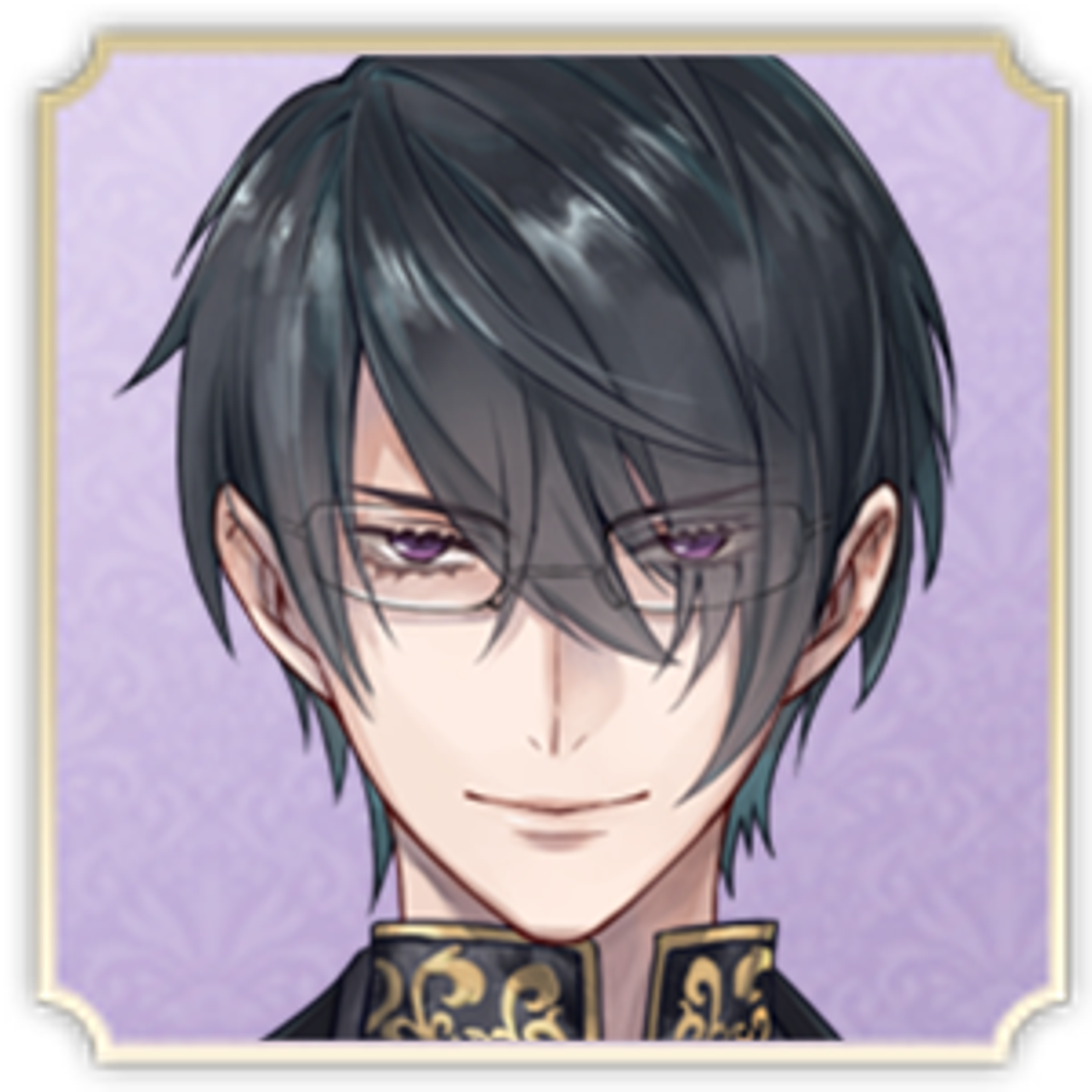 A young man with dark hair and piercing eyes, wearing a high-collared black and purple outfit.