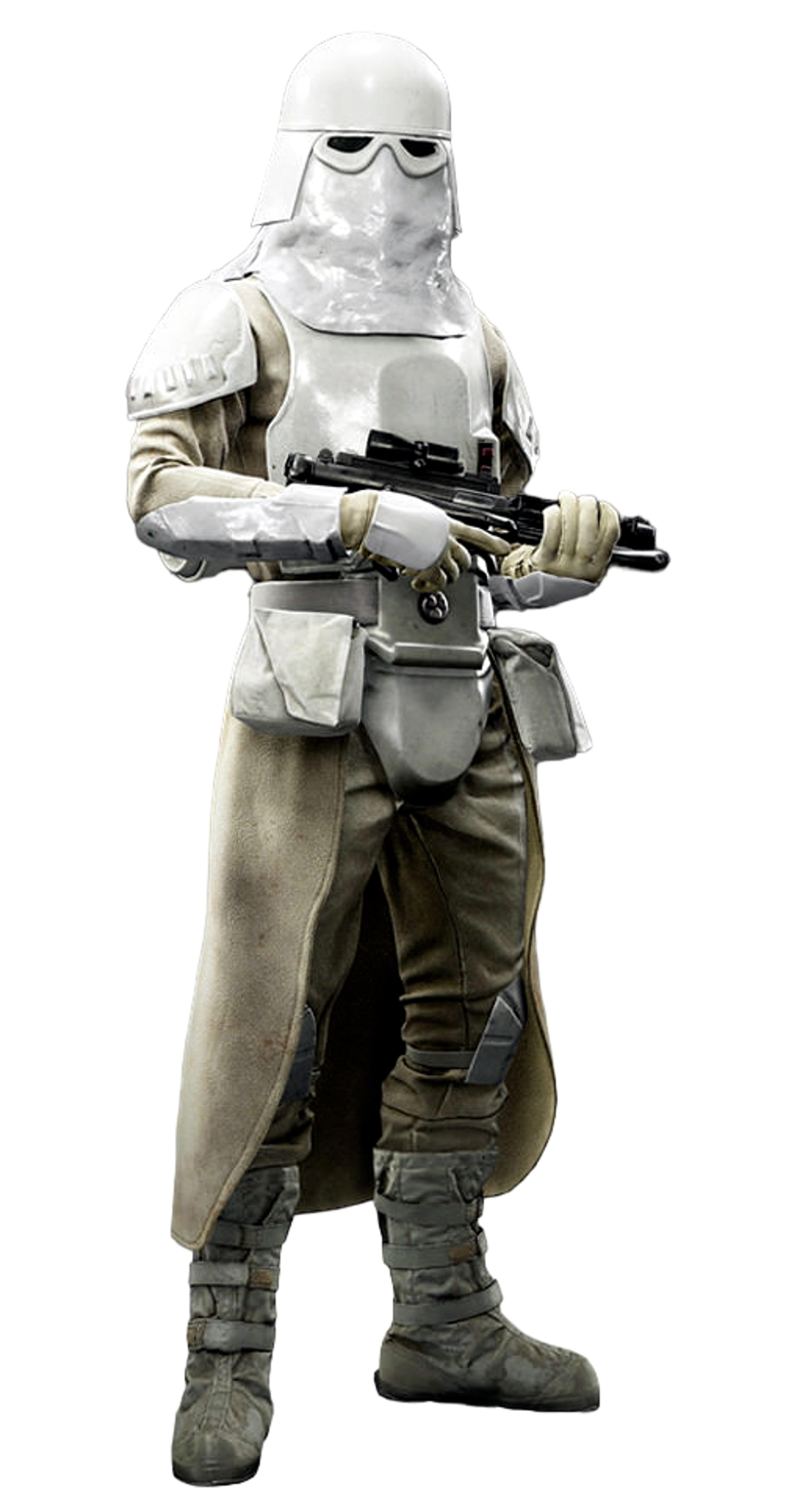 An Imperial snowtrooper in specialized cold weather combat armor, holding a blaster rifle.