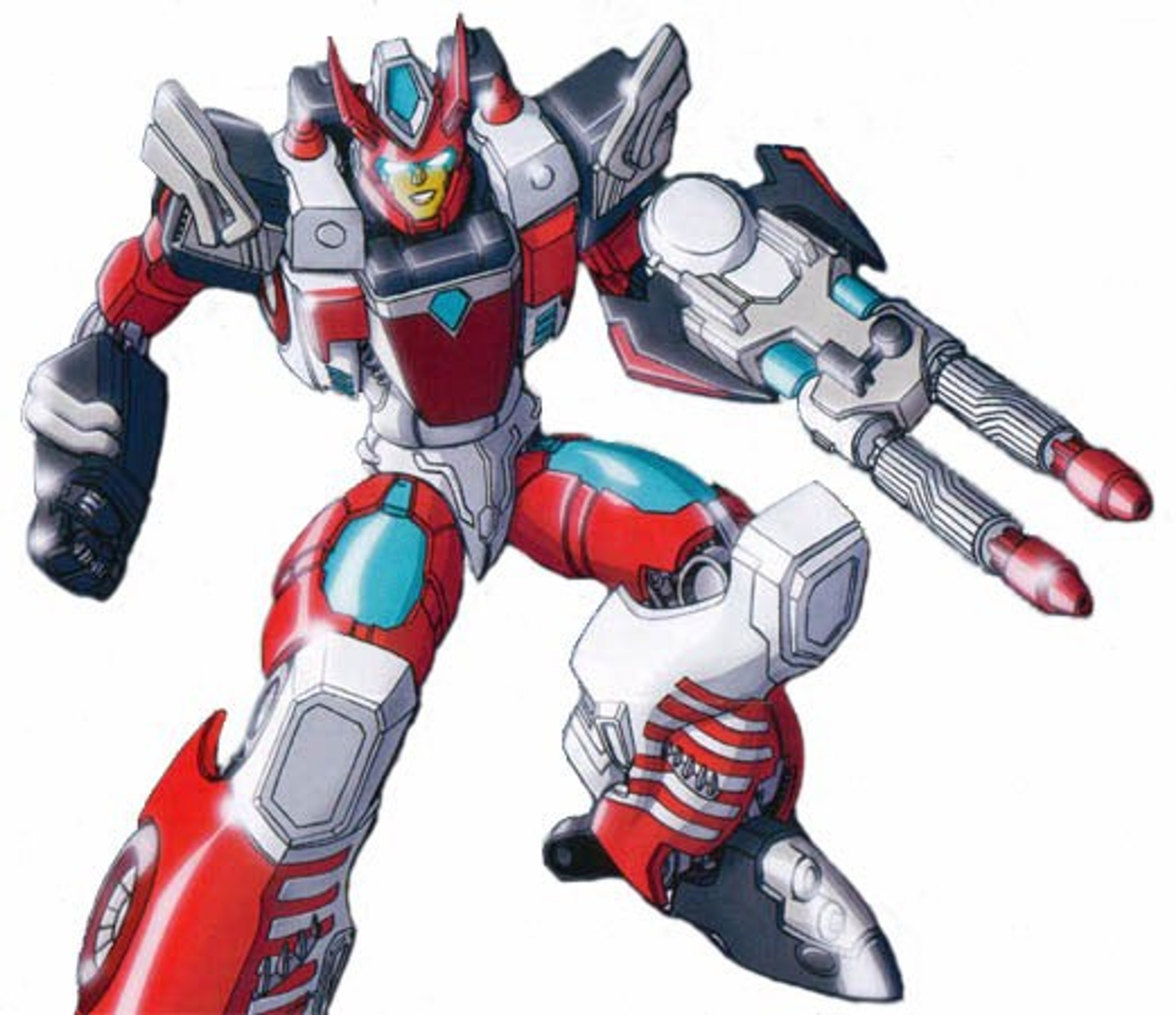 A highly detailed, robotic character with a red, white, and blue color scheme in an action-oriented pose.