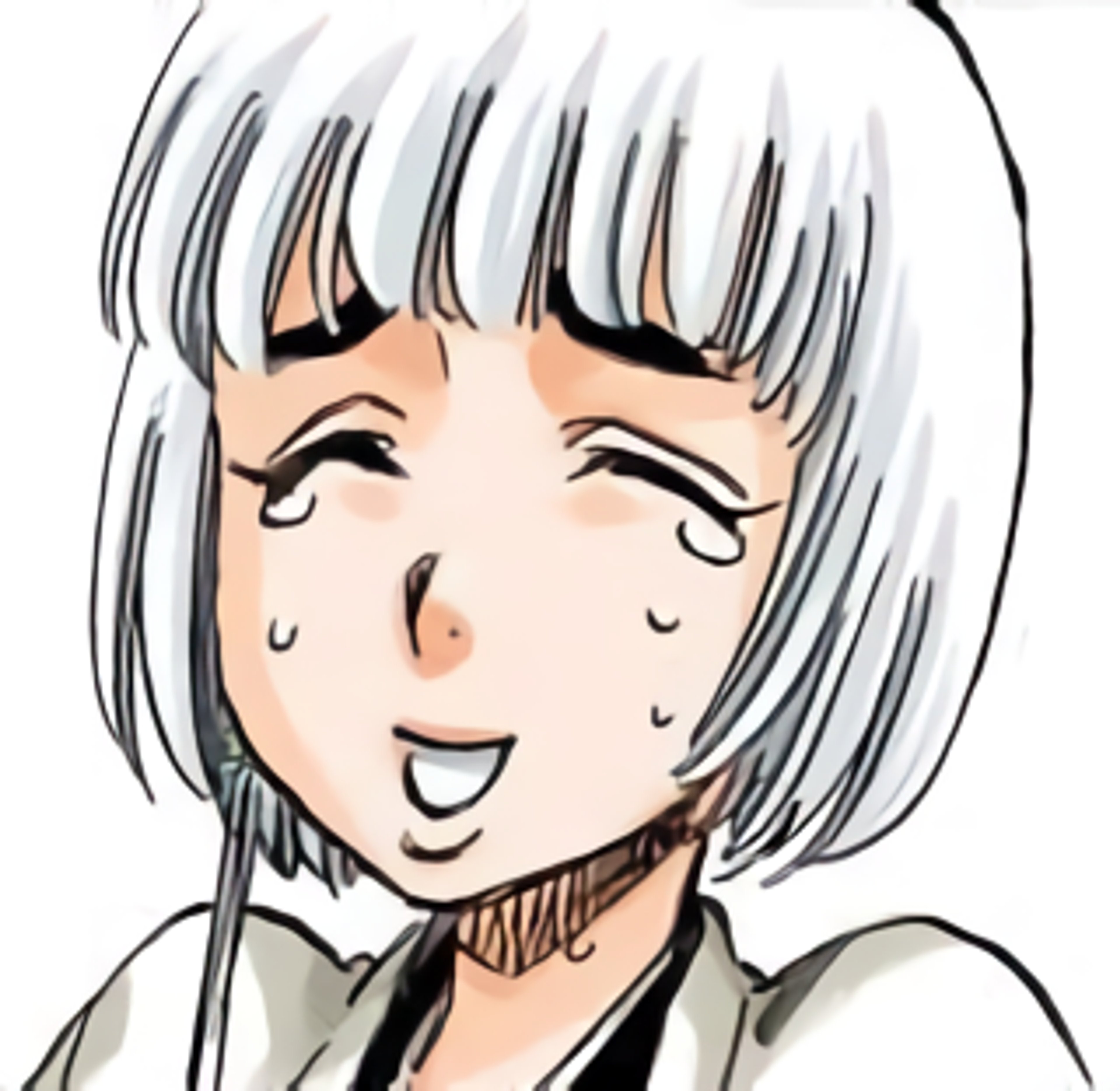 A young woman with silver braided hair and a cheerful expression