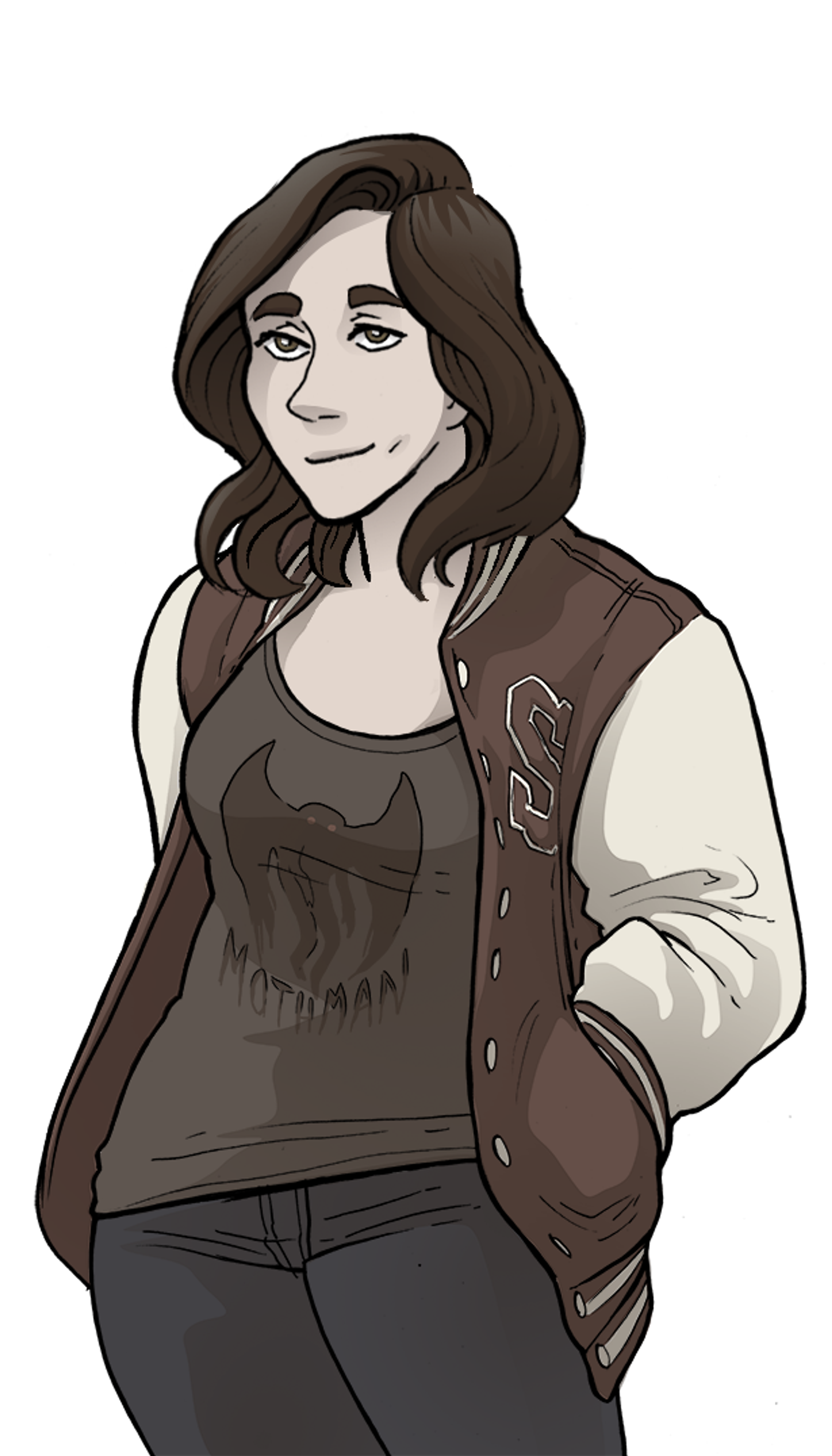 An illustrated portrait of a young woman with brown hair and eyes, wearing a cryptid-themed t-shirt and jacket.