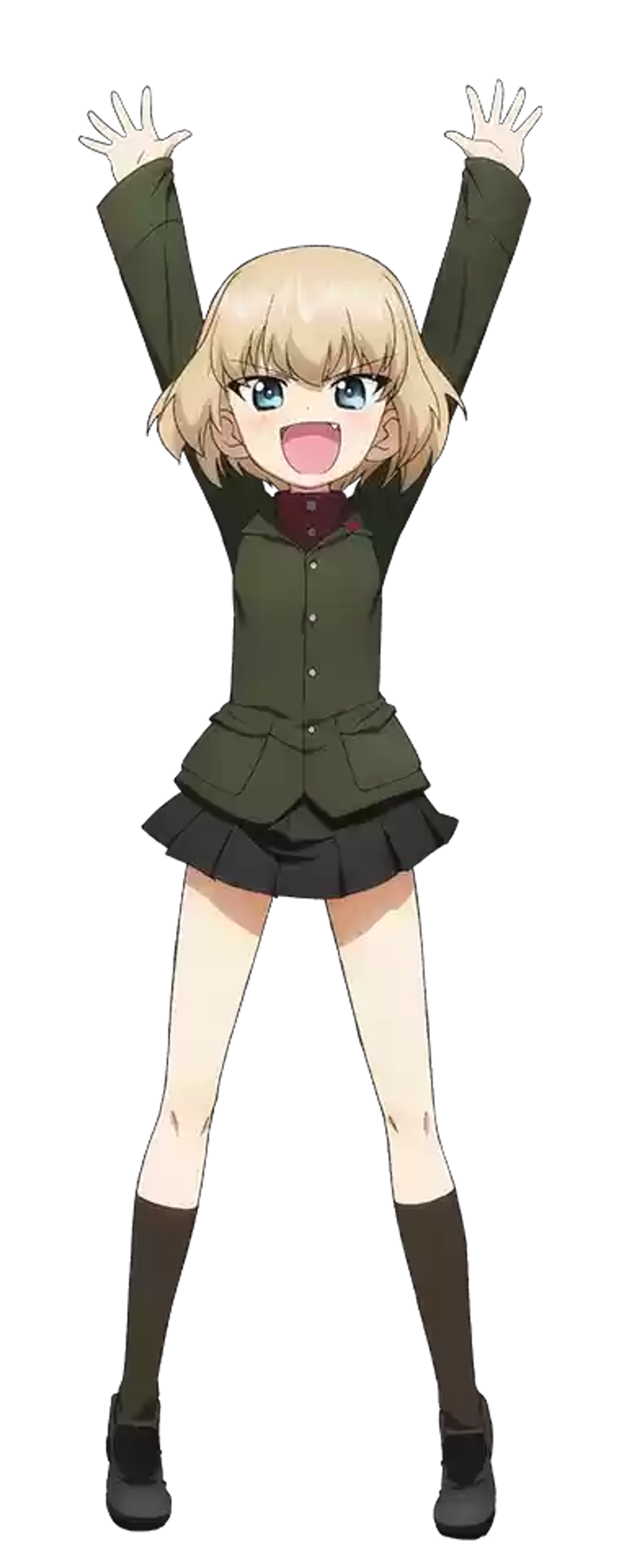 An anime-style character with blonde pigtails wearing a green military uniform and making a triumphant gesture.