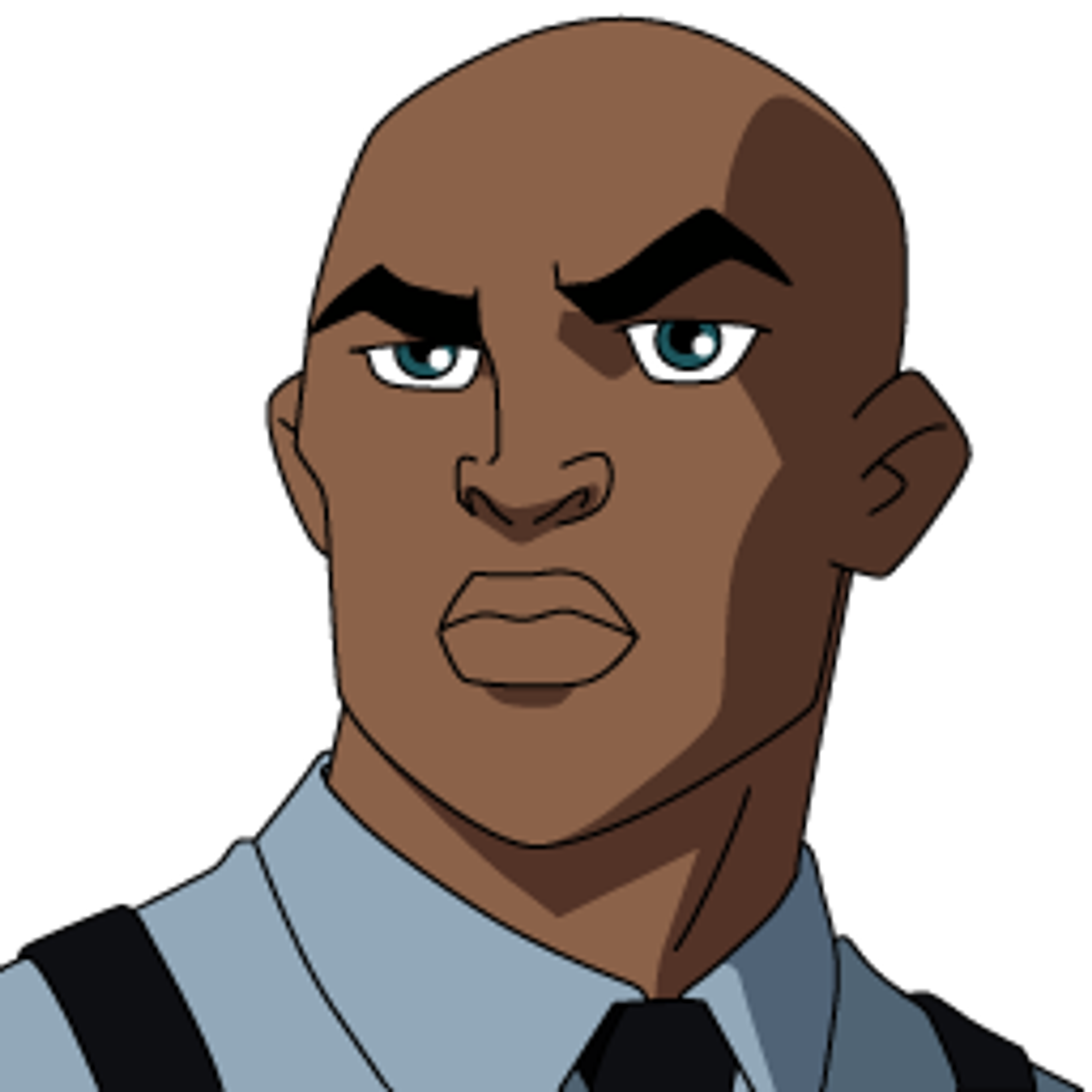 A detailed portrait of a serious-looking Black male character in a suit and tie