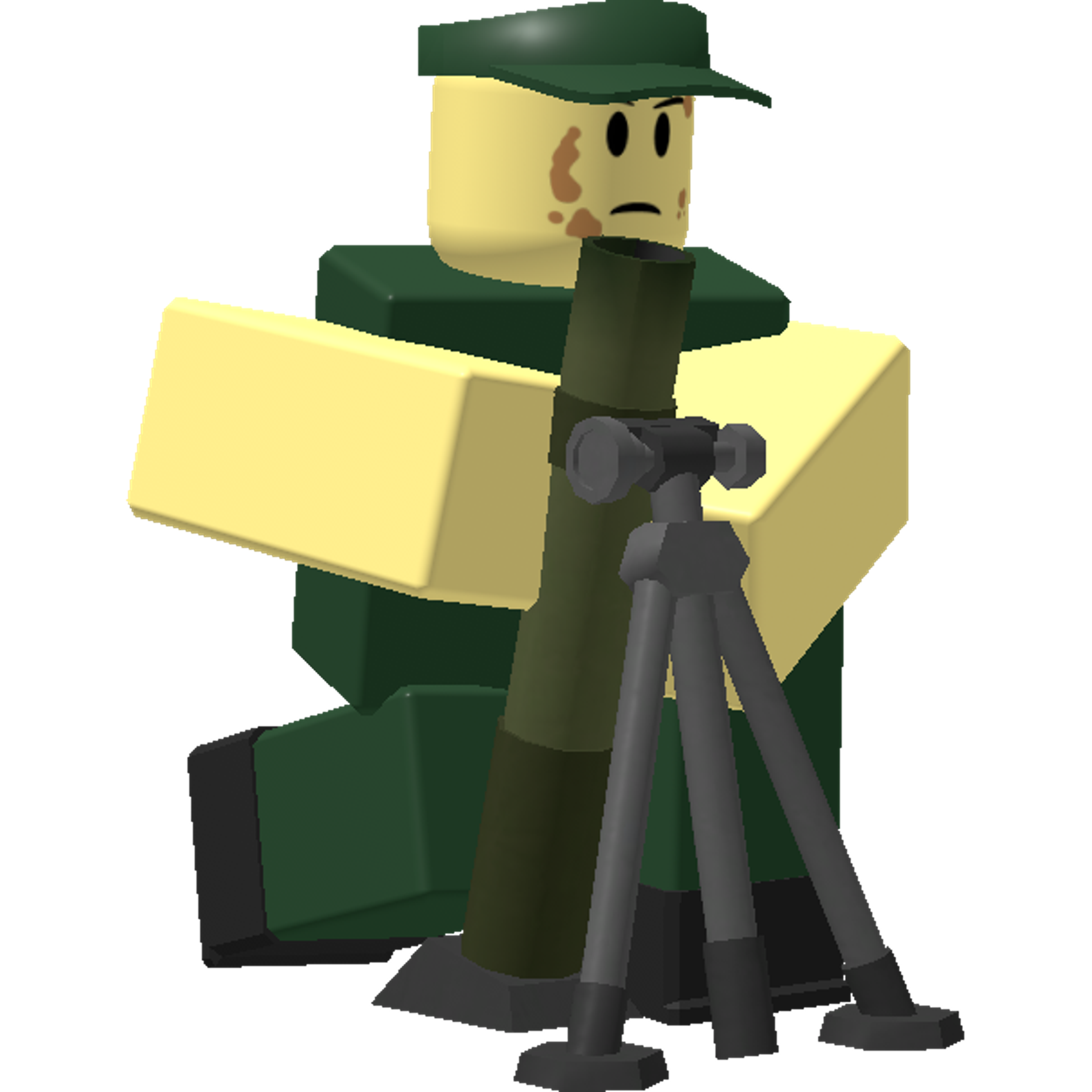 A detailed 3D model of a military-style artillery tower character named Mortar from the Tower Defense Simulator universe.