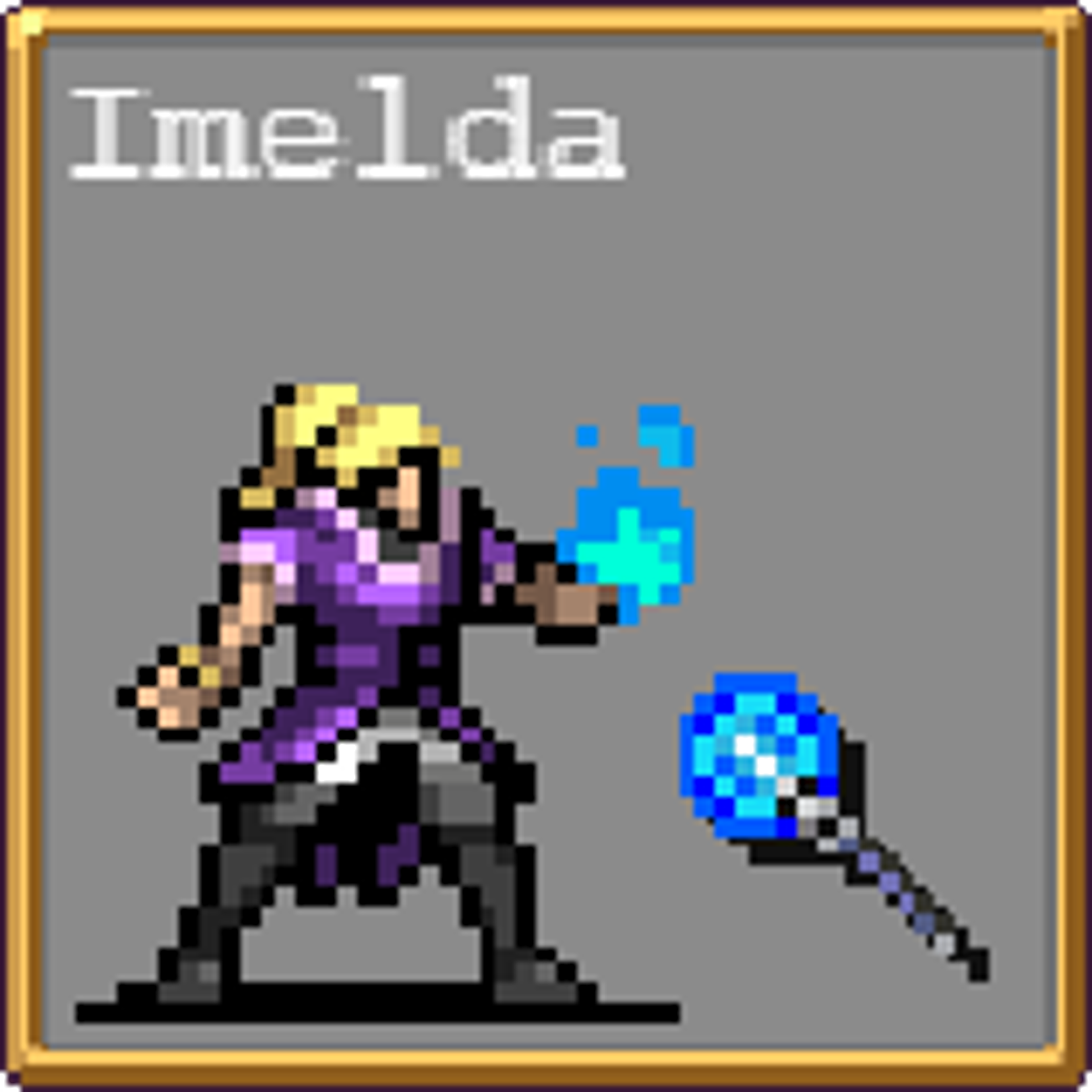 A pixelated witch character wielding a magic wand