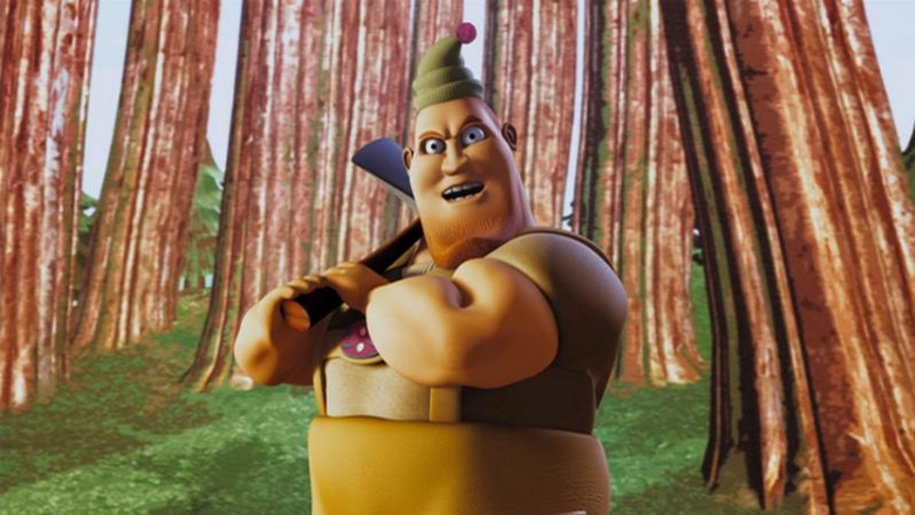 A large, muscular male character with an exaggerated, goofy appearance standing in a forest setting