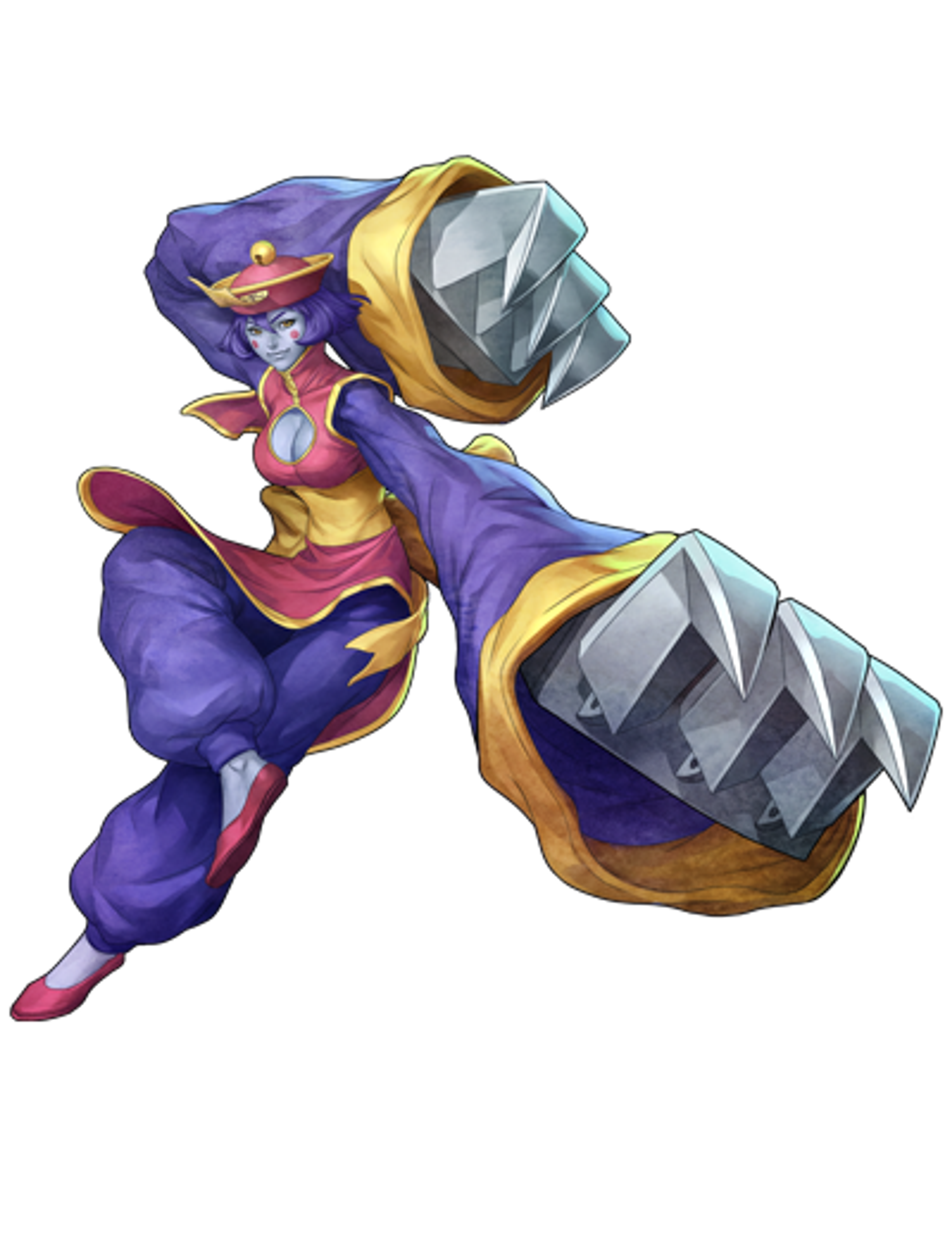 A female Jiang-Shi (Chinese hopping vampire) character with blue skin, purple hair, and traditional Chinese attire including a hat with a talisman.