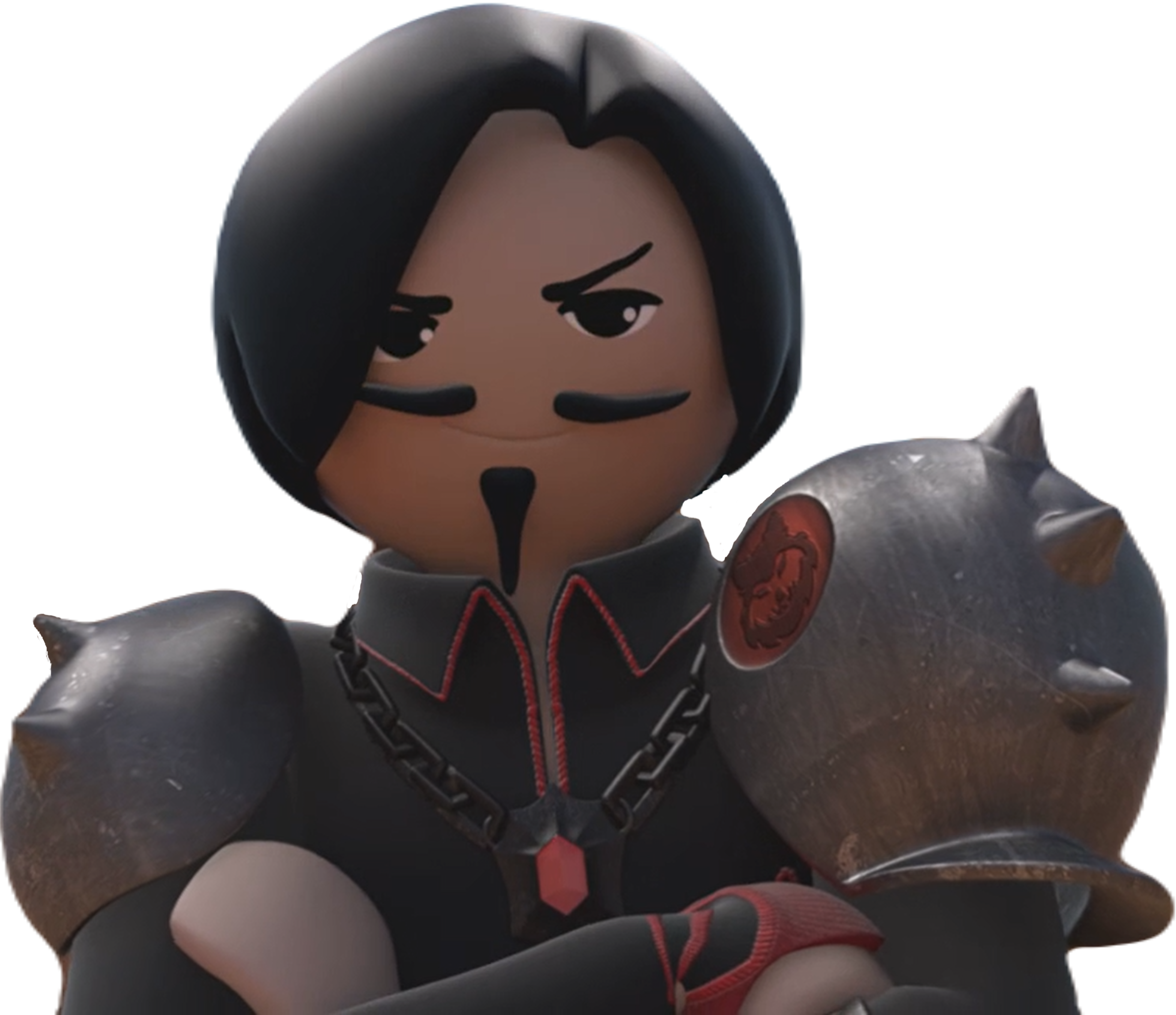 A man in a black suit with metal shoulder guards and a red gem necklace