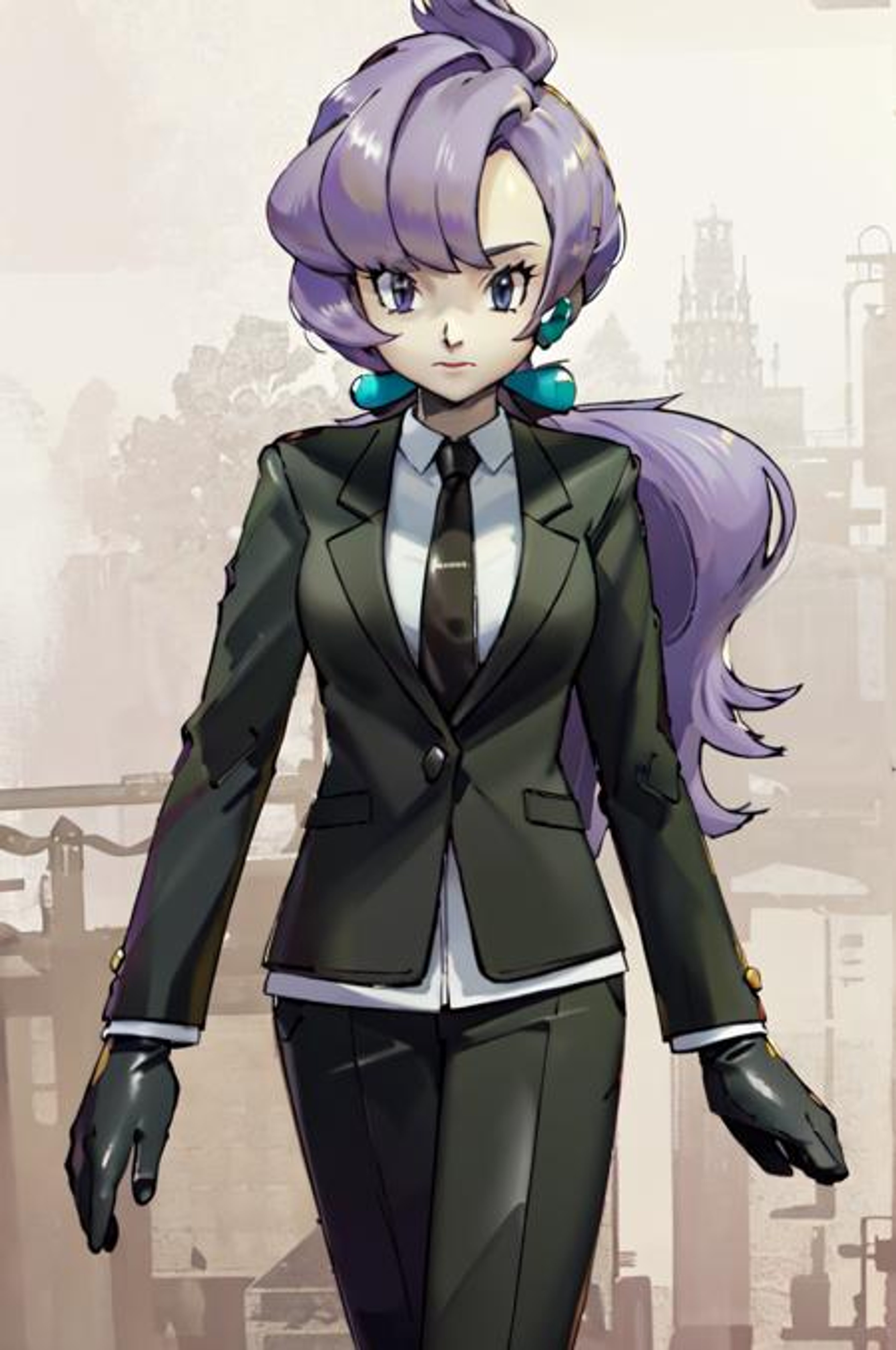 An anime-style character with purple hair wearing a black suit jacket and tie, standing in front of a cityscape background.