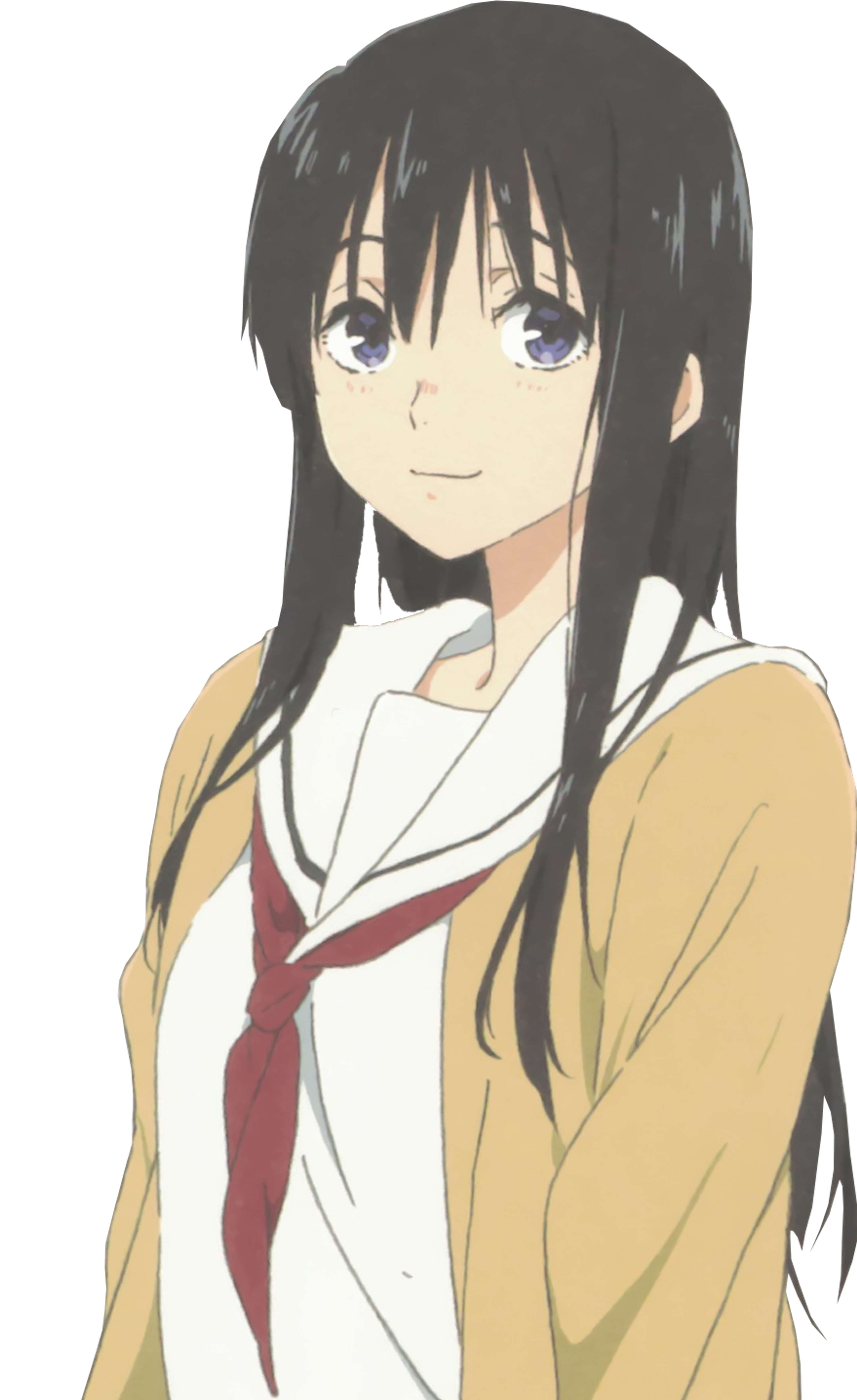 An anime-style character with long black hair and brown eyes, wearing a white shirt and red tie.