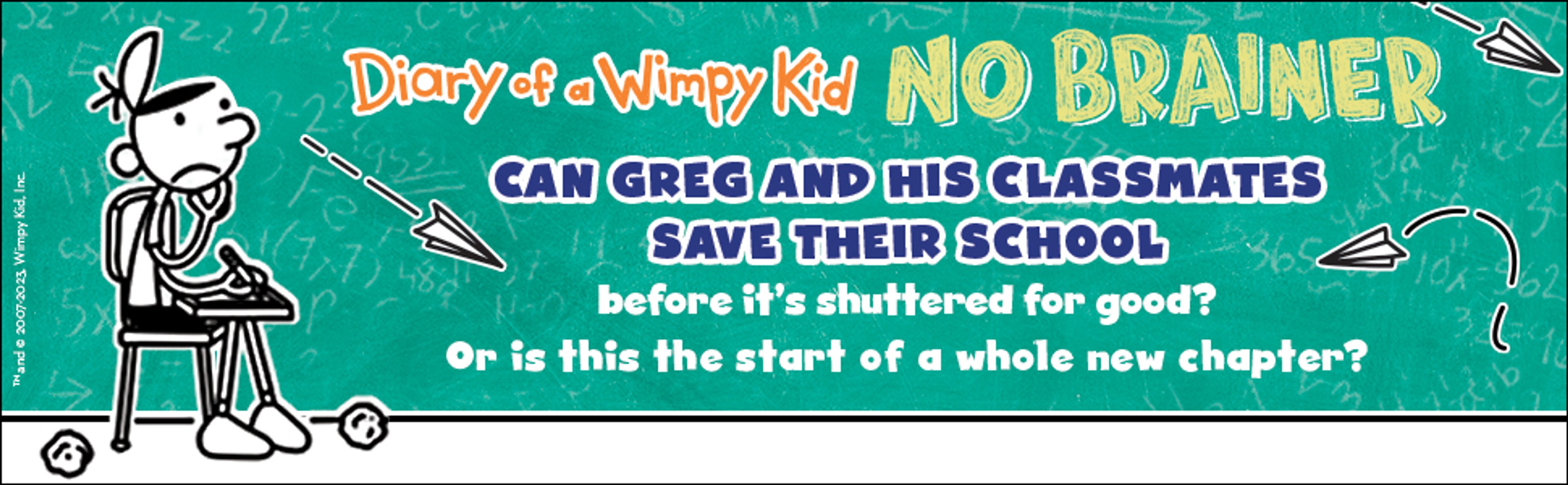 A cartoon character named Greg Heffley sitting at a desk in a classroom setting.