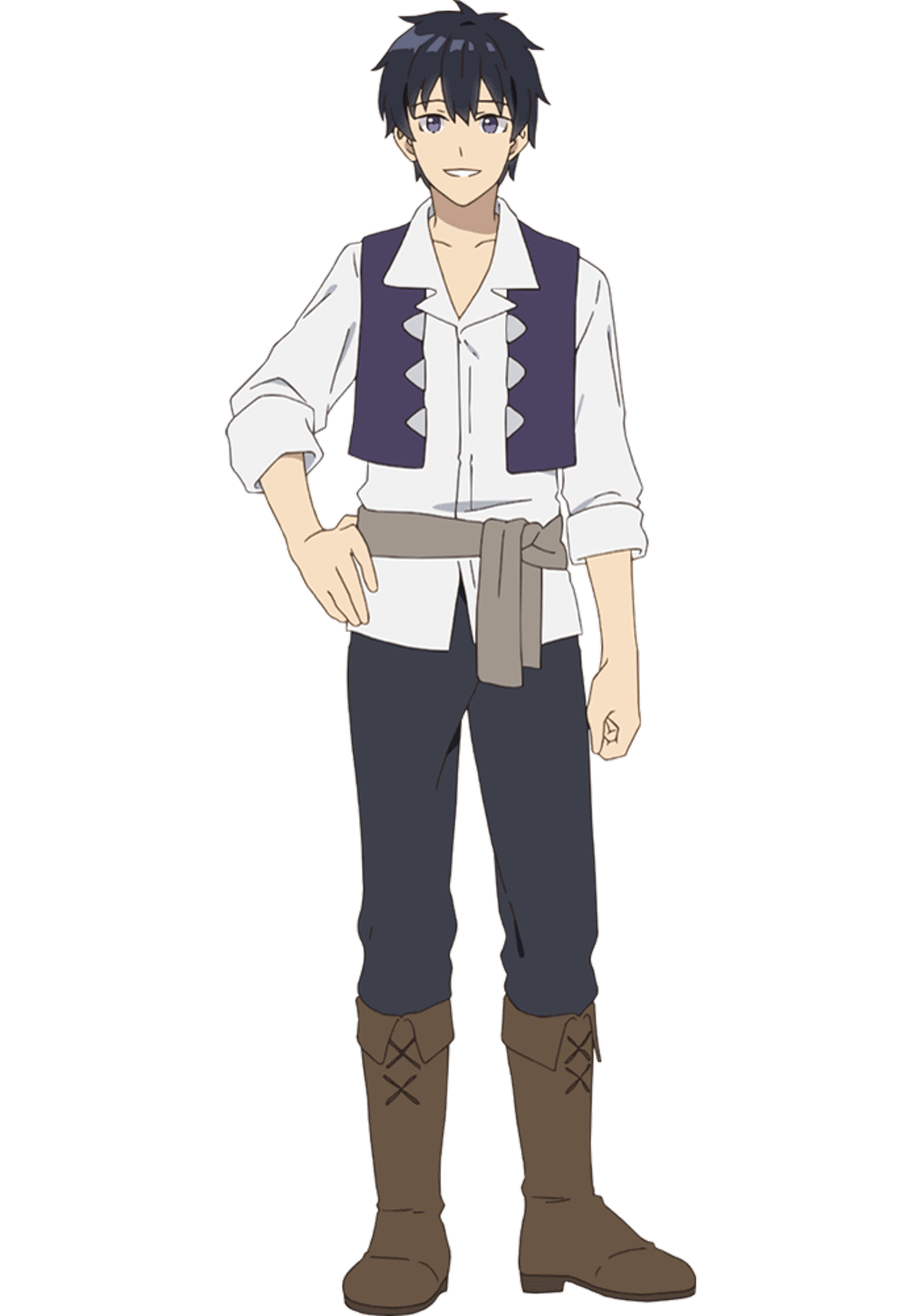 A young man with short dark hair wearing a white shirt, purple vest, and brown pants.