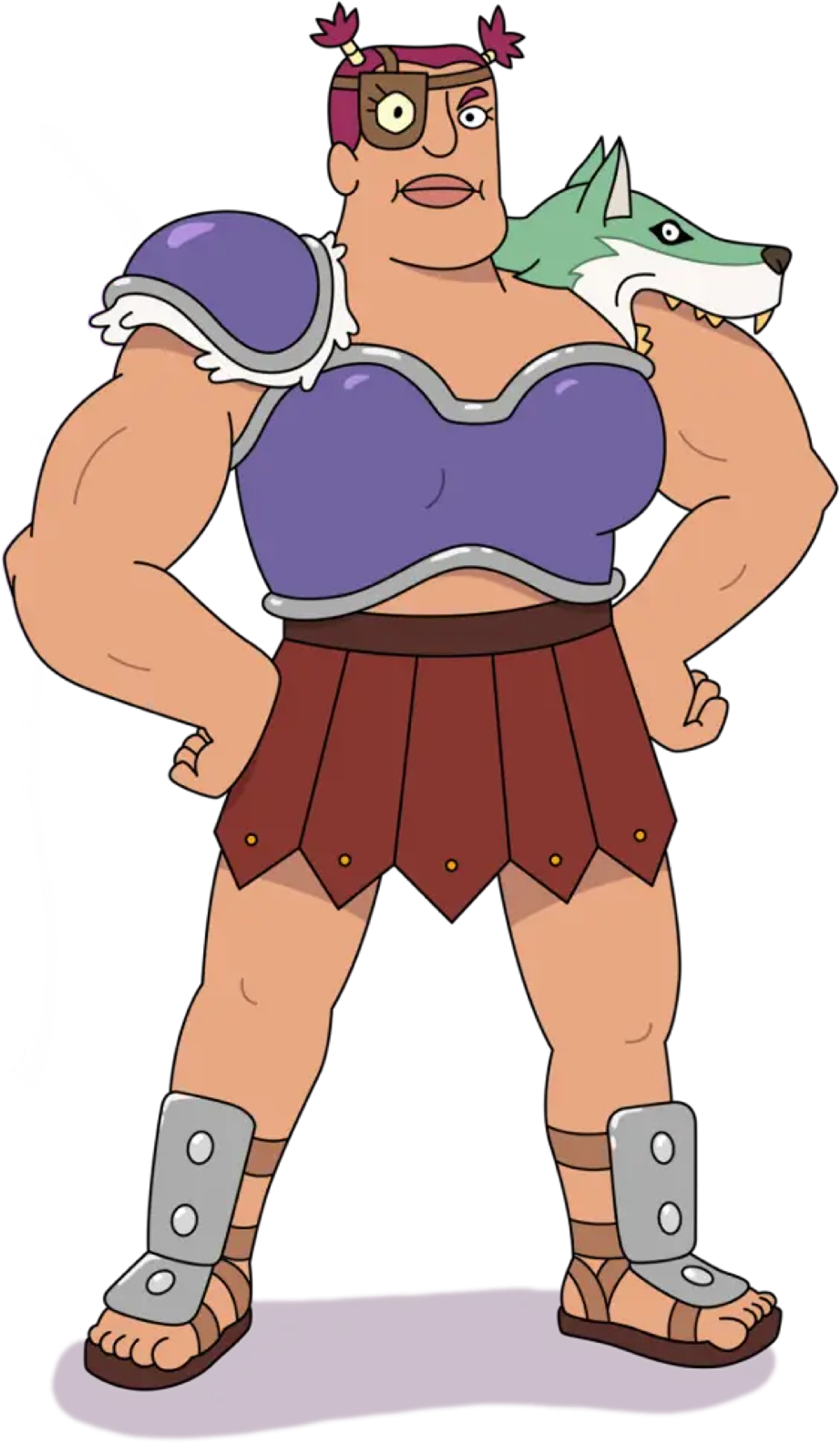 A fearless half-Cyclops warrior woman in purple armor with a green wolf's head on her shoulder