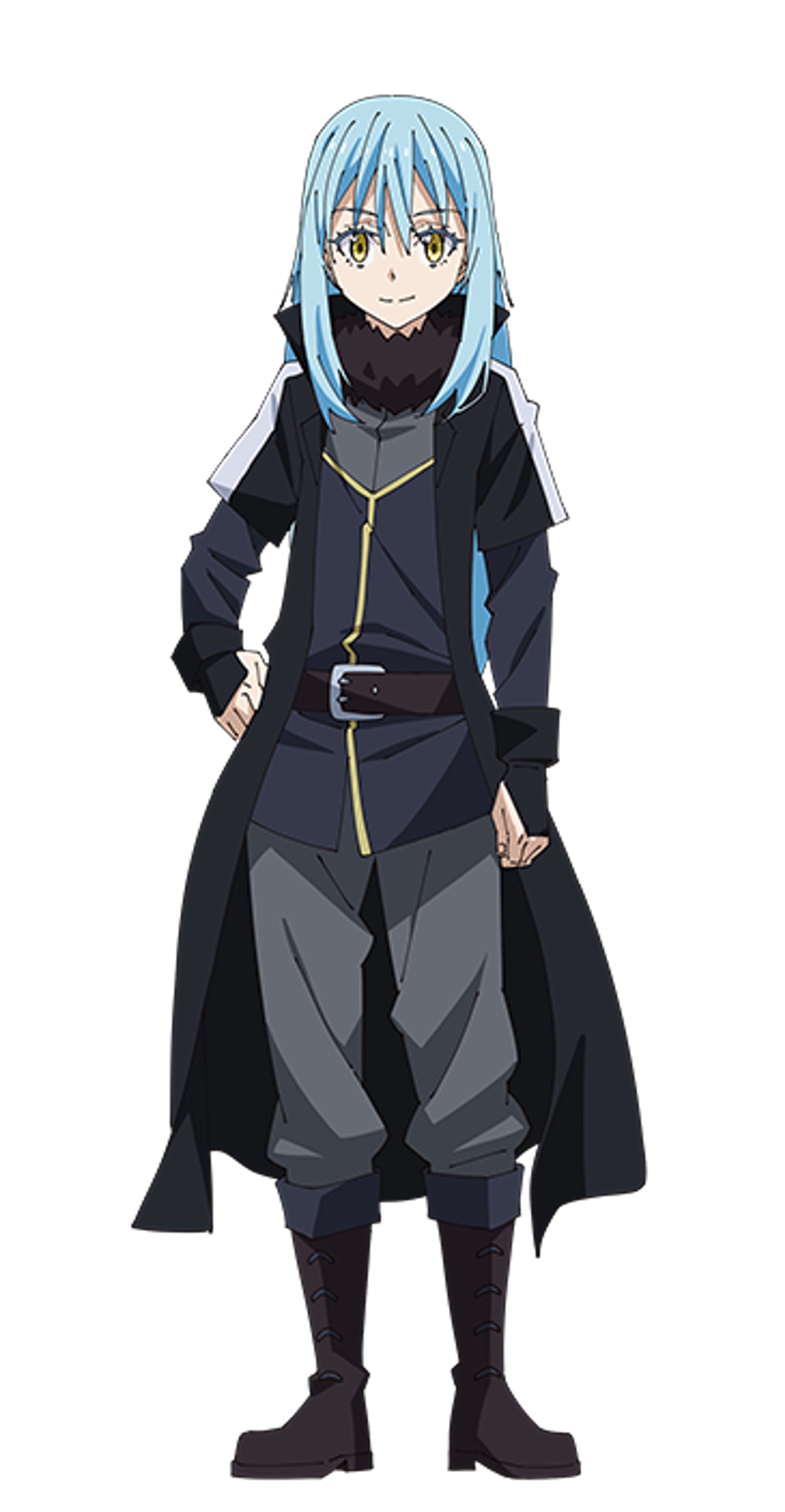 An anime-style character with blue hair and golden eyes, wearing a dark outfit with gold accents.