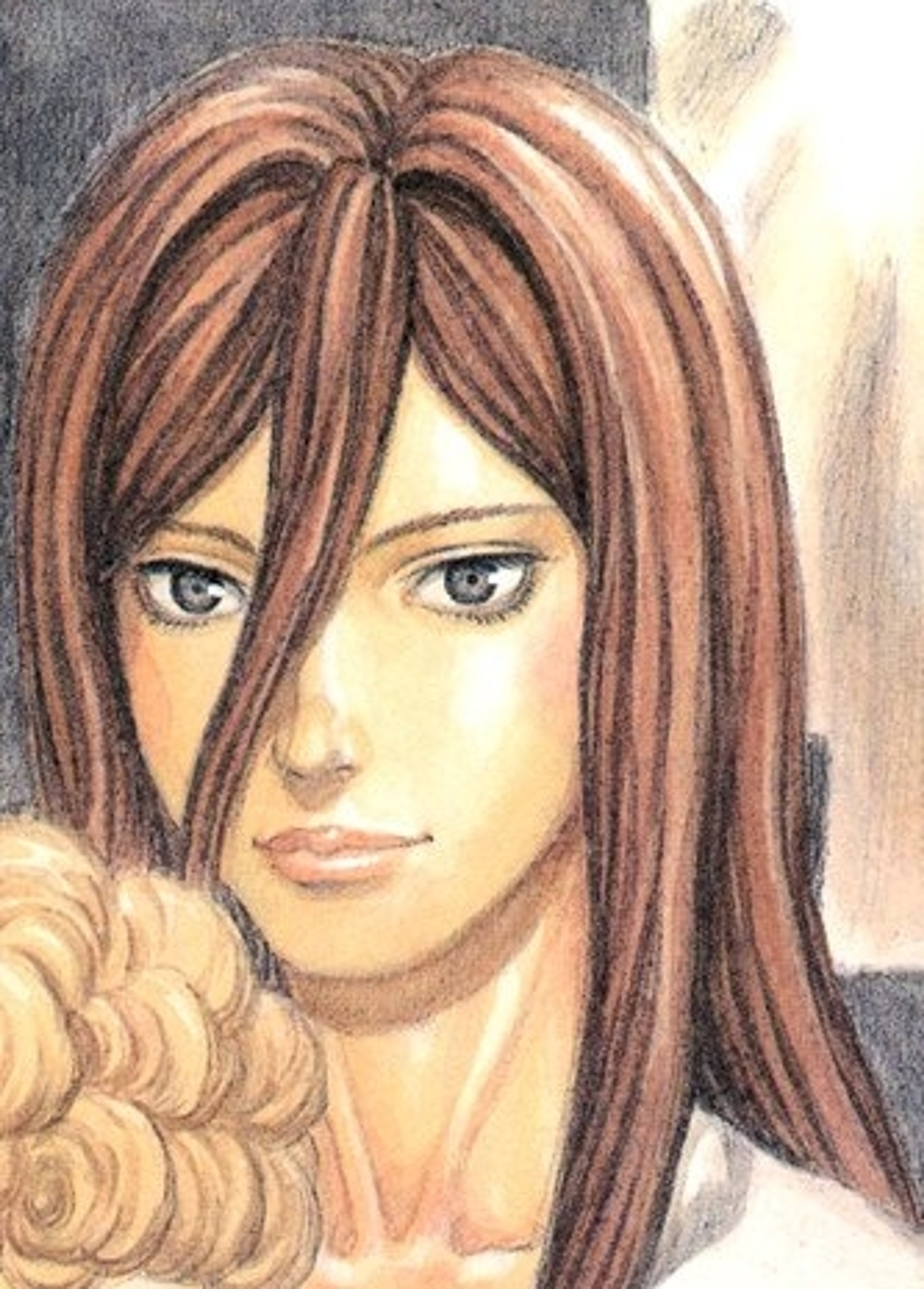 A woman with long light brown hair and a compassionate expression