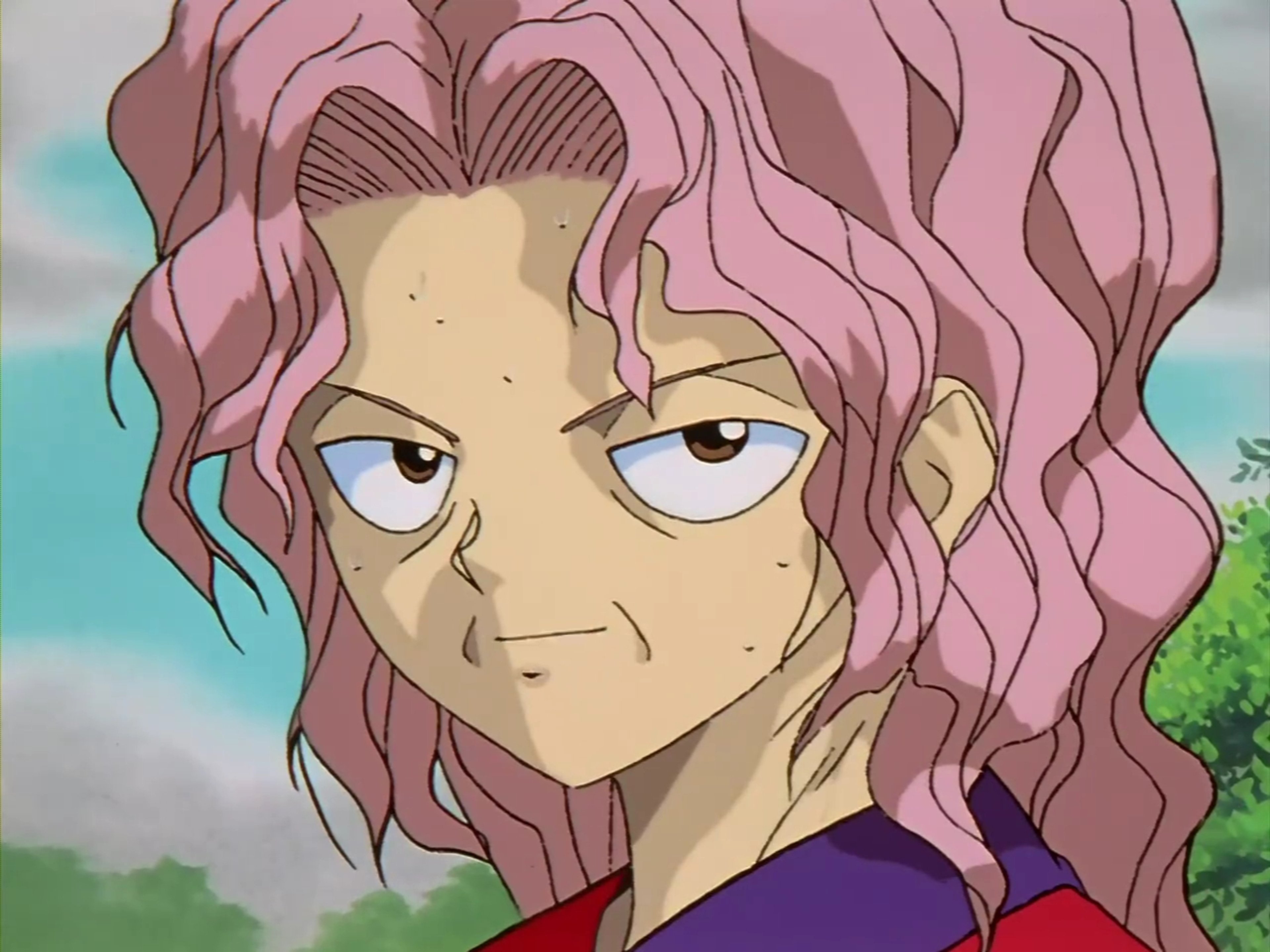 An anime-style character with pink, wavy hair and a stern expression, wearing a purple robe or kimono-style garment.