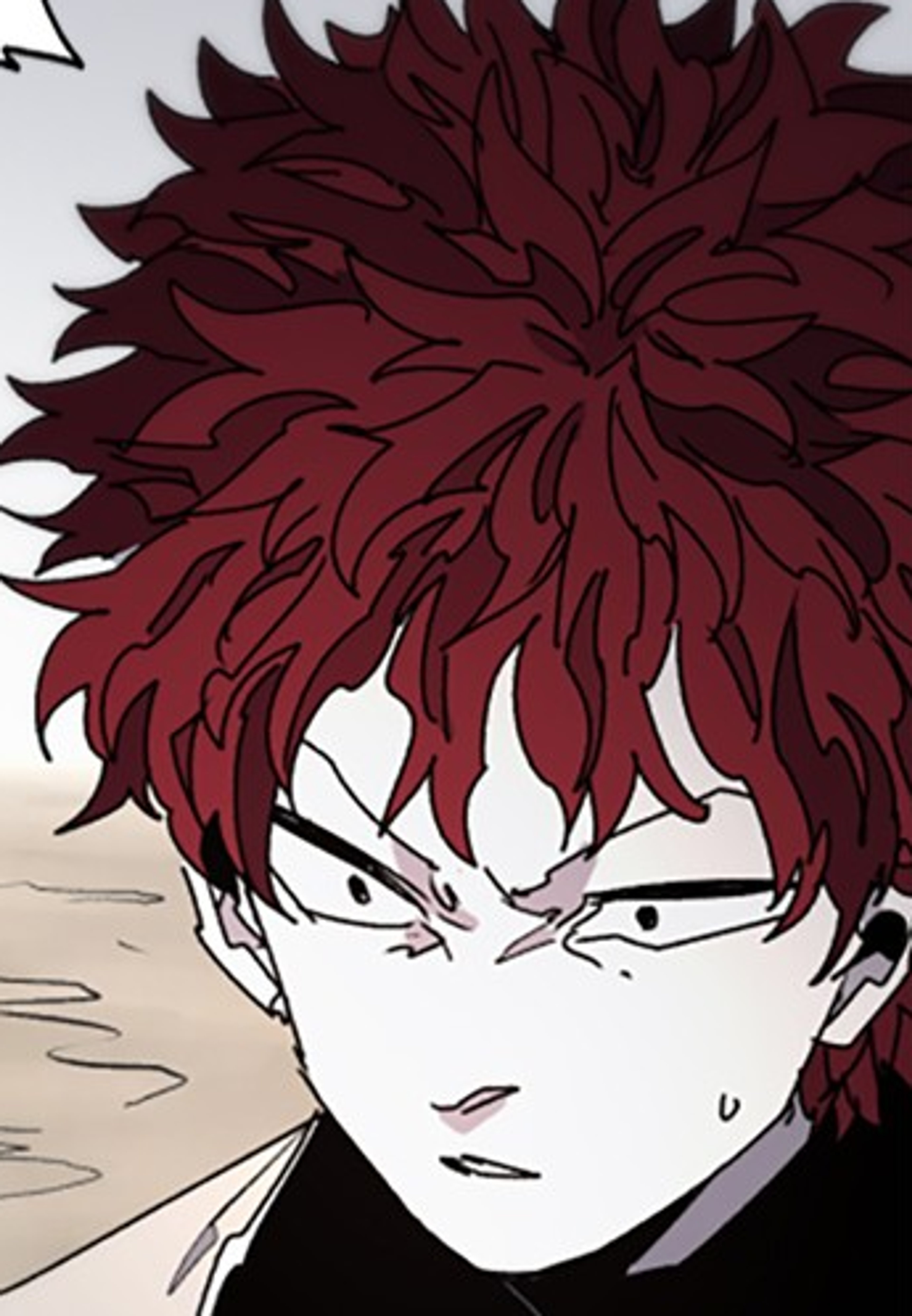 A young, messy-haired teenage boy with sharp black eyes and distinctive red hair