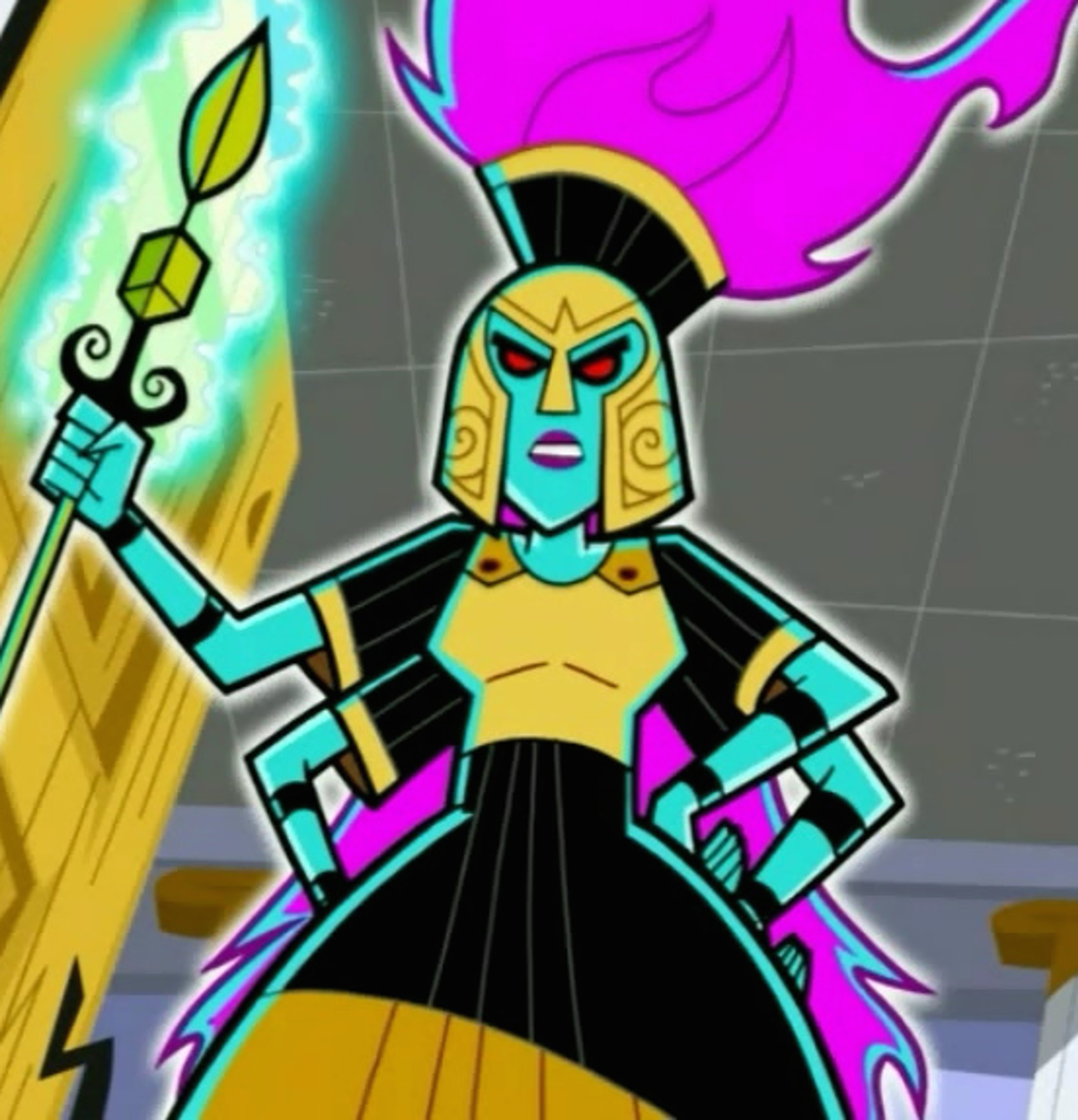 A powerful, four-armed ghostly woman with blue skin, red eyes, and magenta hair holding a long spear