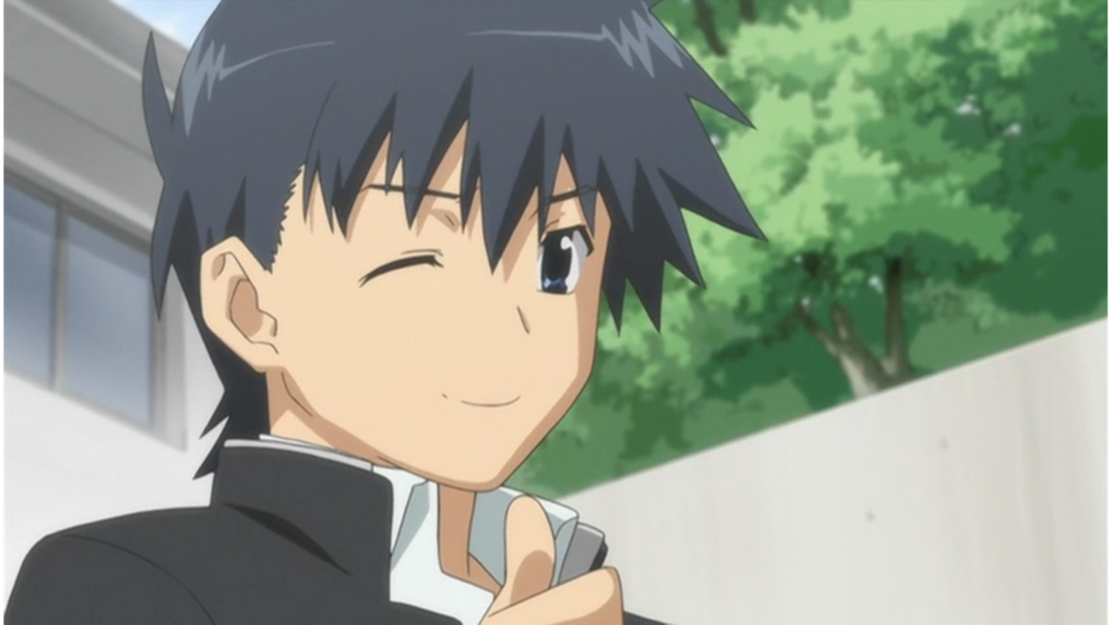 An anime character with short dark hair wearing a school uniform