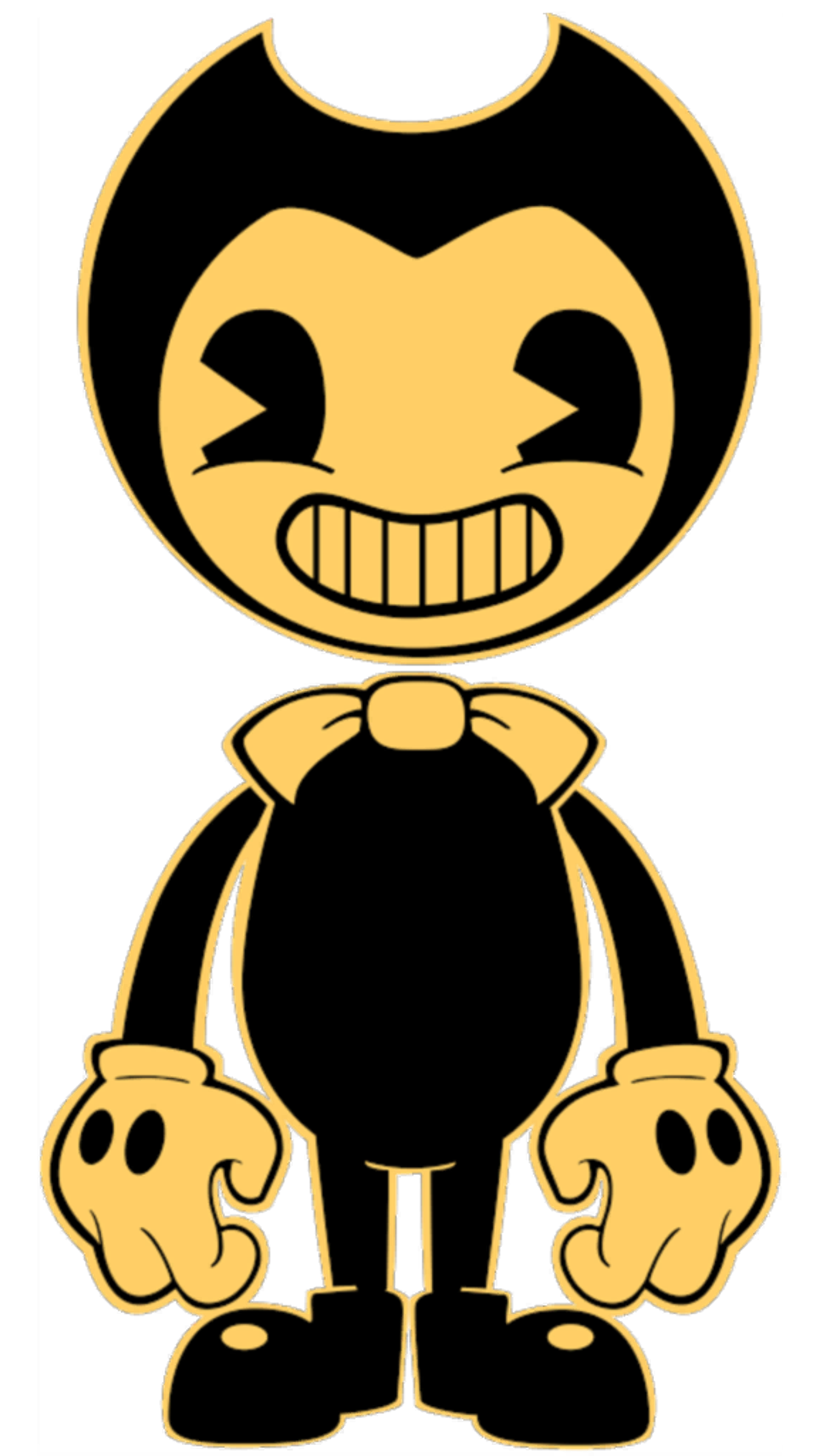 A cartoon character named Bendy, who appears to be a mischievous cartoon devil with a round black body, pie-cut eyes, a wide grin, horns, white gloves, and a bowtie.