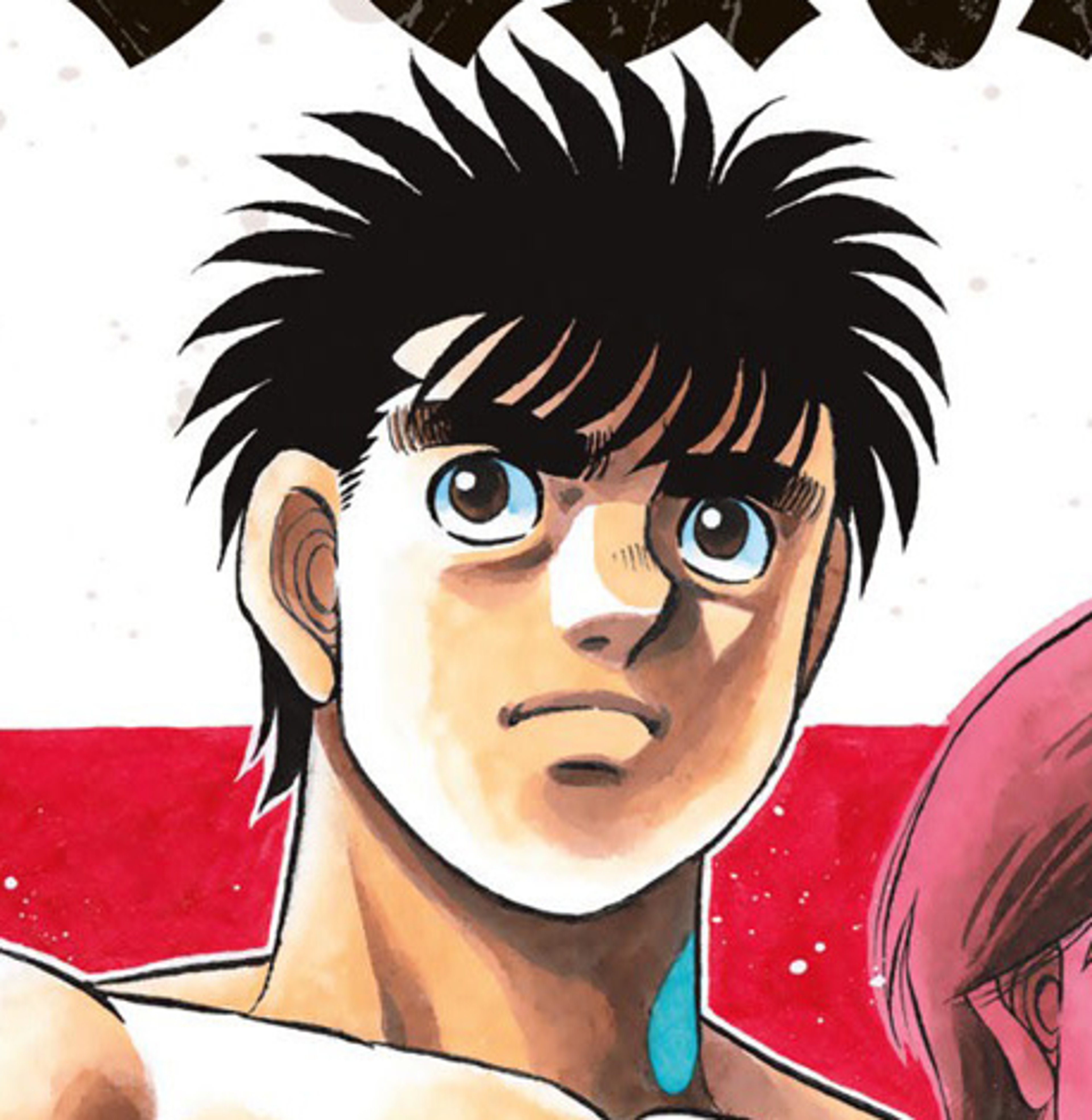 An anime-style character with short black hair, muscular build, and wearing a red tank top