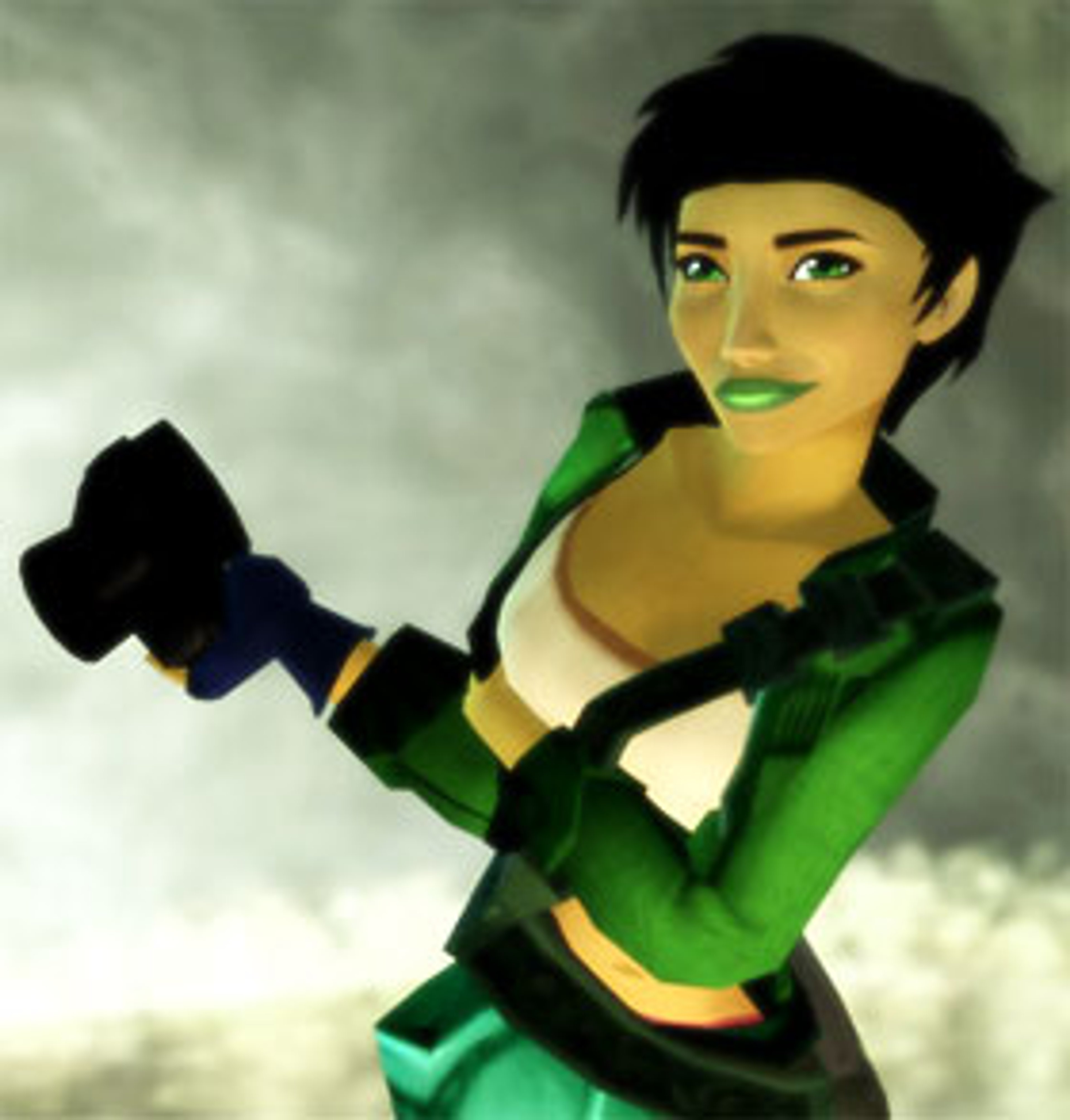 A young woman in a green outfit in an action pose