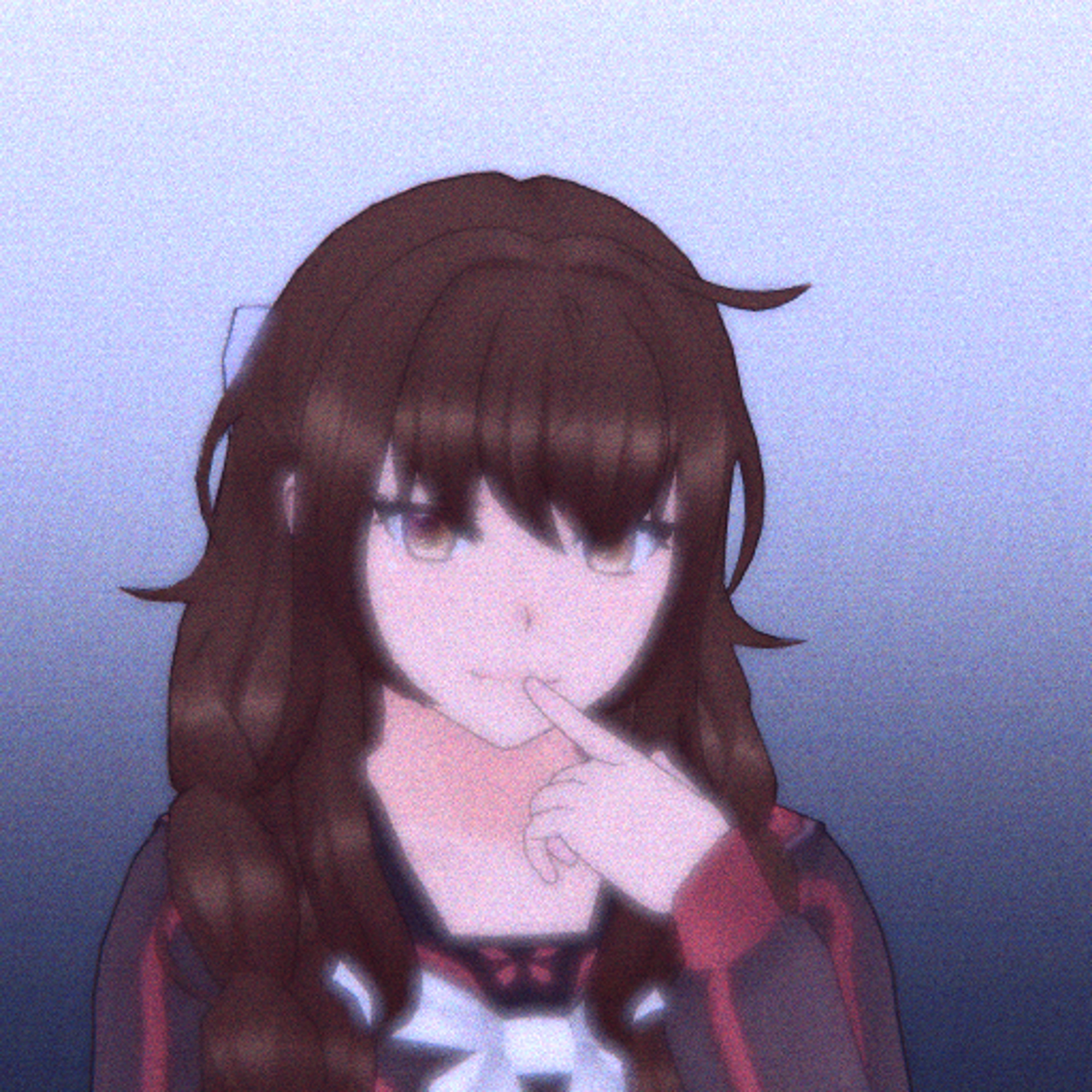 A young woman with long, dark brown hair wearing a pink sweater or jacket, with a soft, gentle expression on her face.