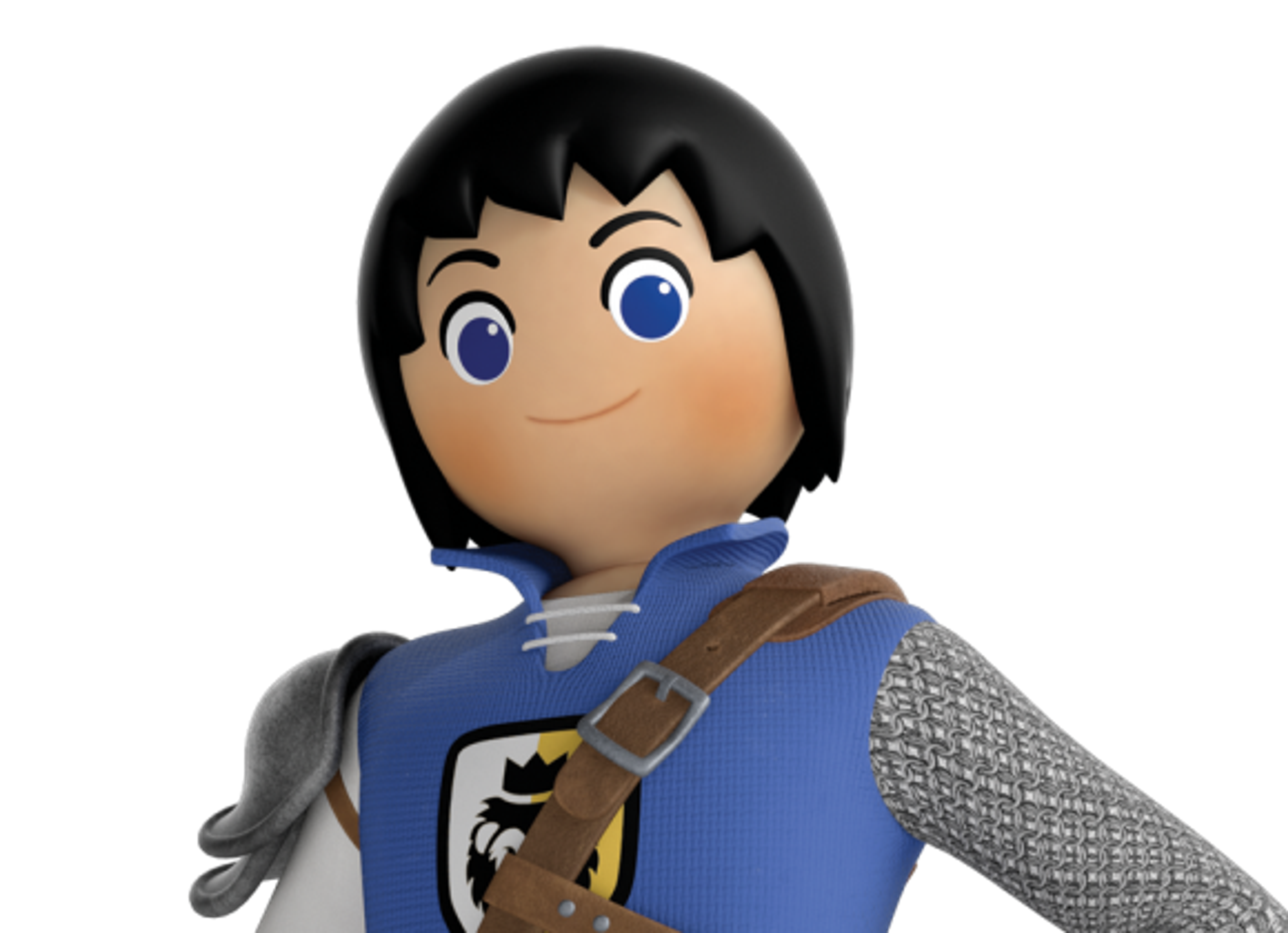 A young male character in medieval knight's attire, with black hair and blue eyes, holding an extendable sword.