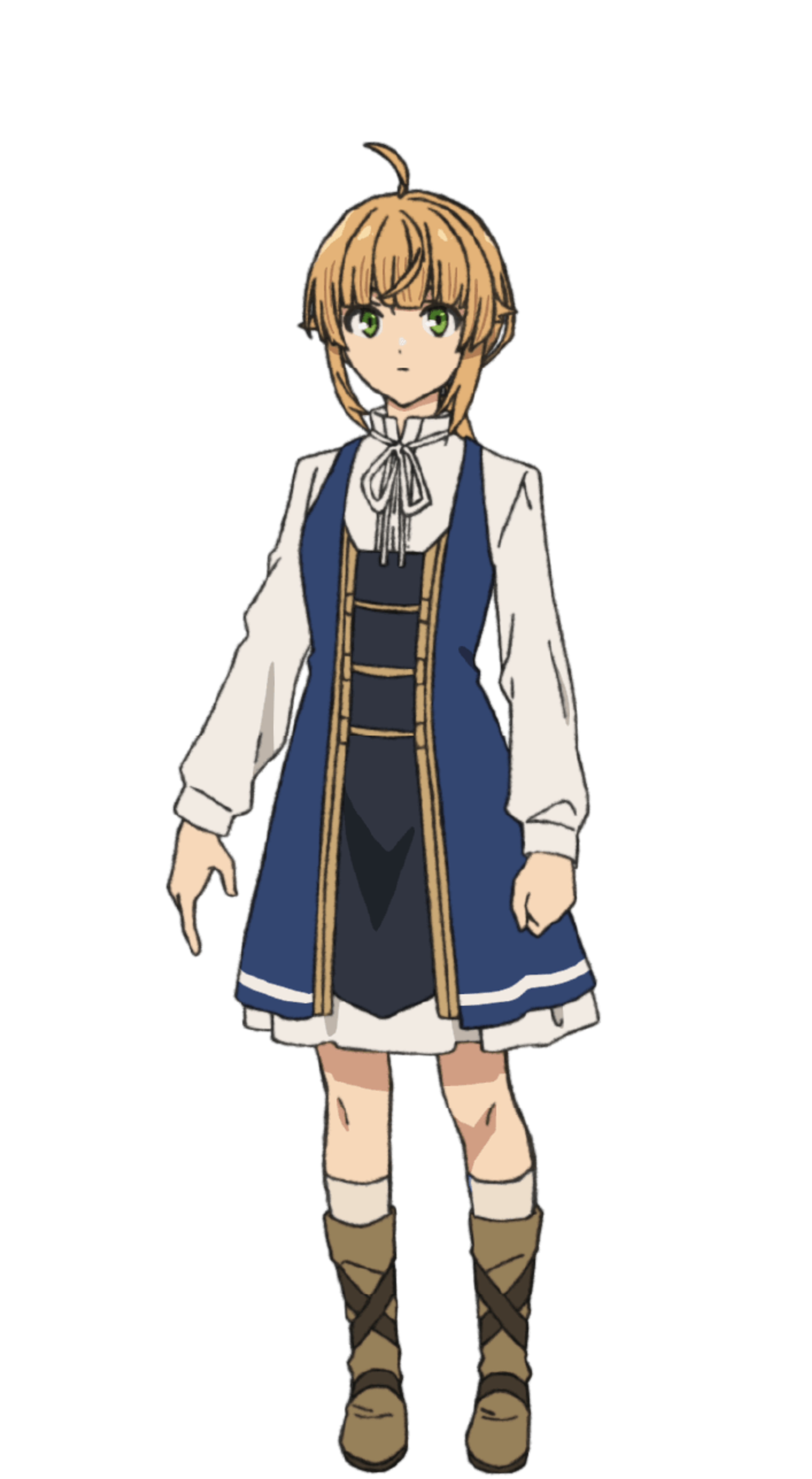 An anime-style character with blond hair and green eyes, wearing a white shirt, blue vest, and skirt.