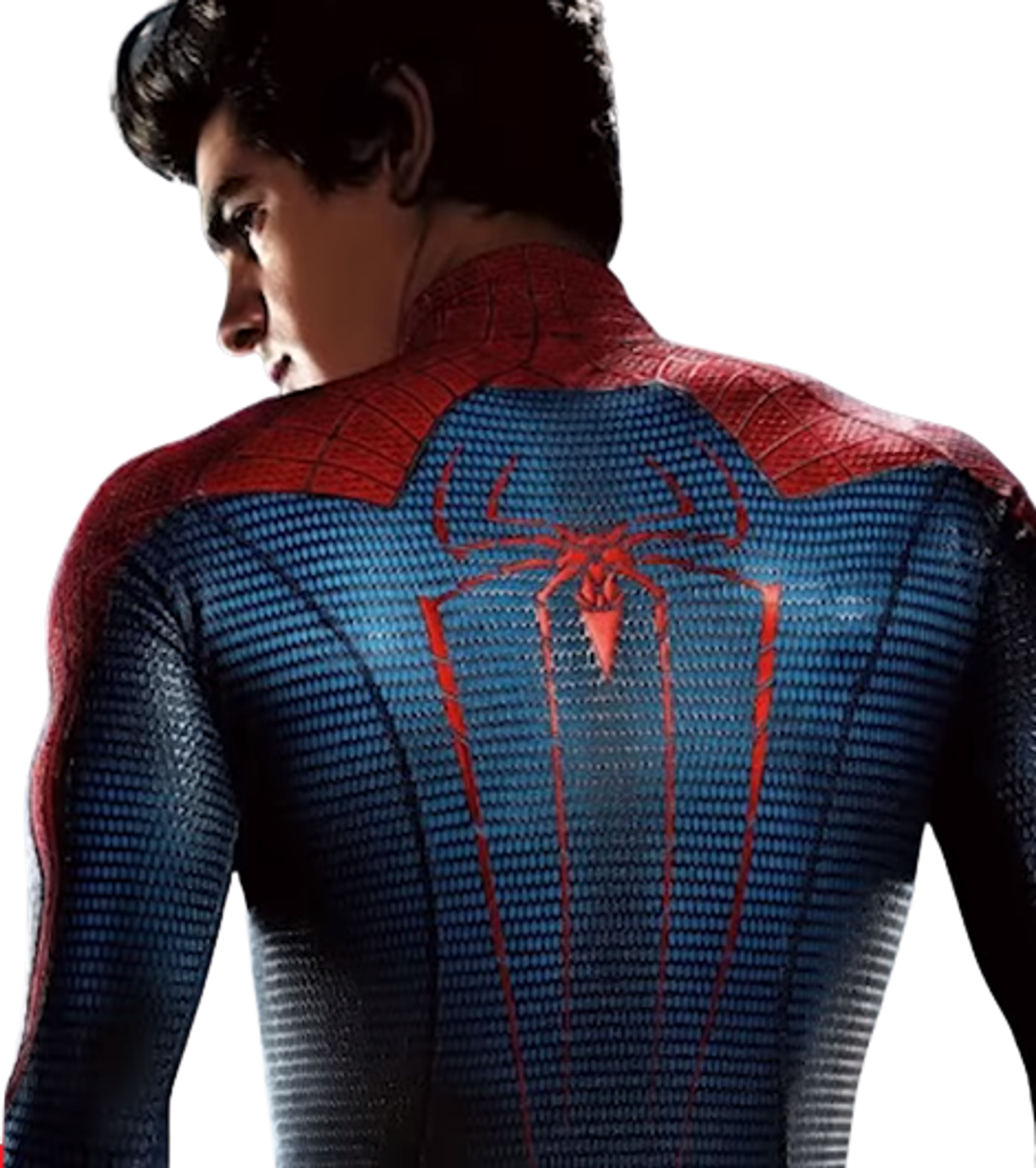 A young man in a red and blue spandex superhero costume with a spider emblem on the chest.