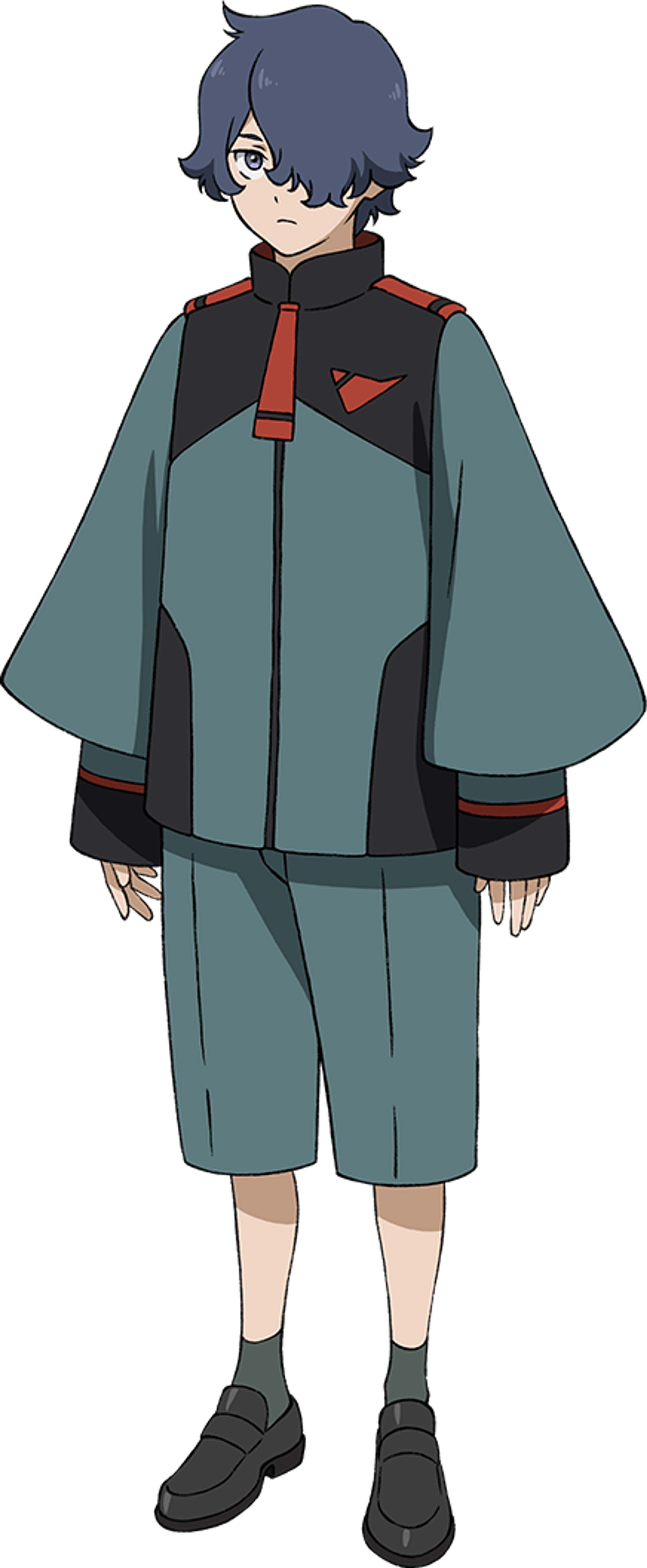 A young male character in a gray and red uniform with blue hair and a serious expression.