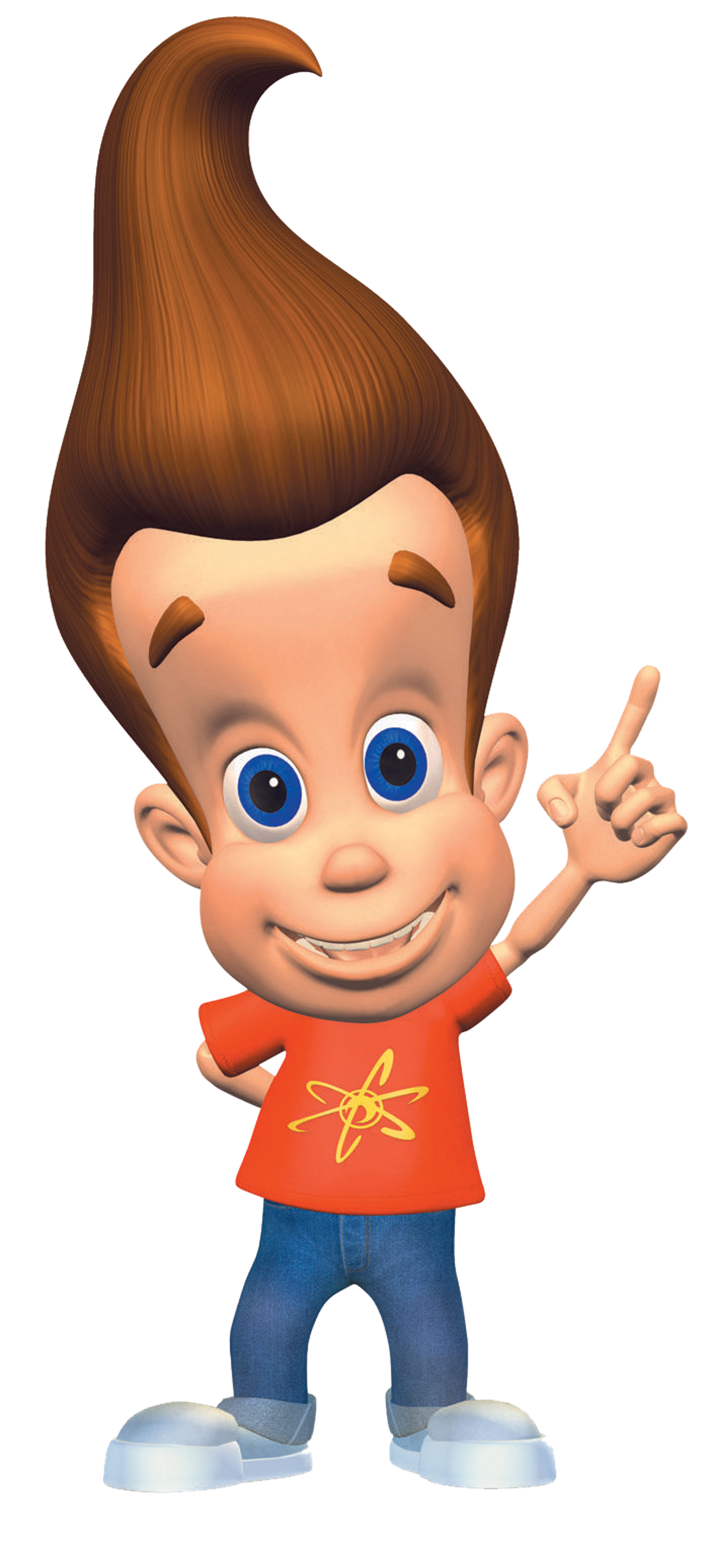 An animated character named Jimmy Neutron, an 11-year-old boy genius with a large head and swirly brown hair, wearing a red t-shirt, blue jeans, and white sneakers.