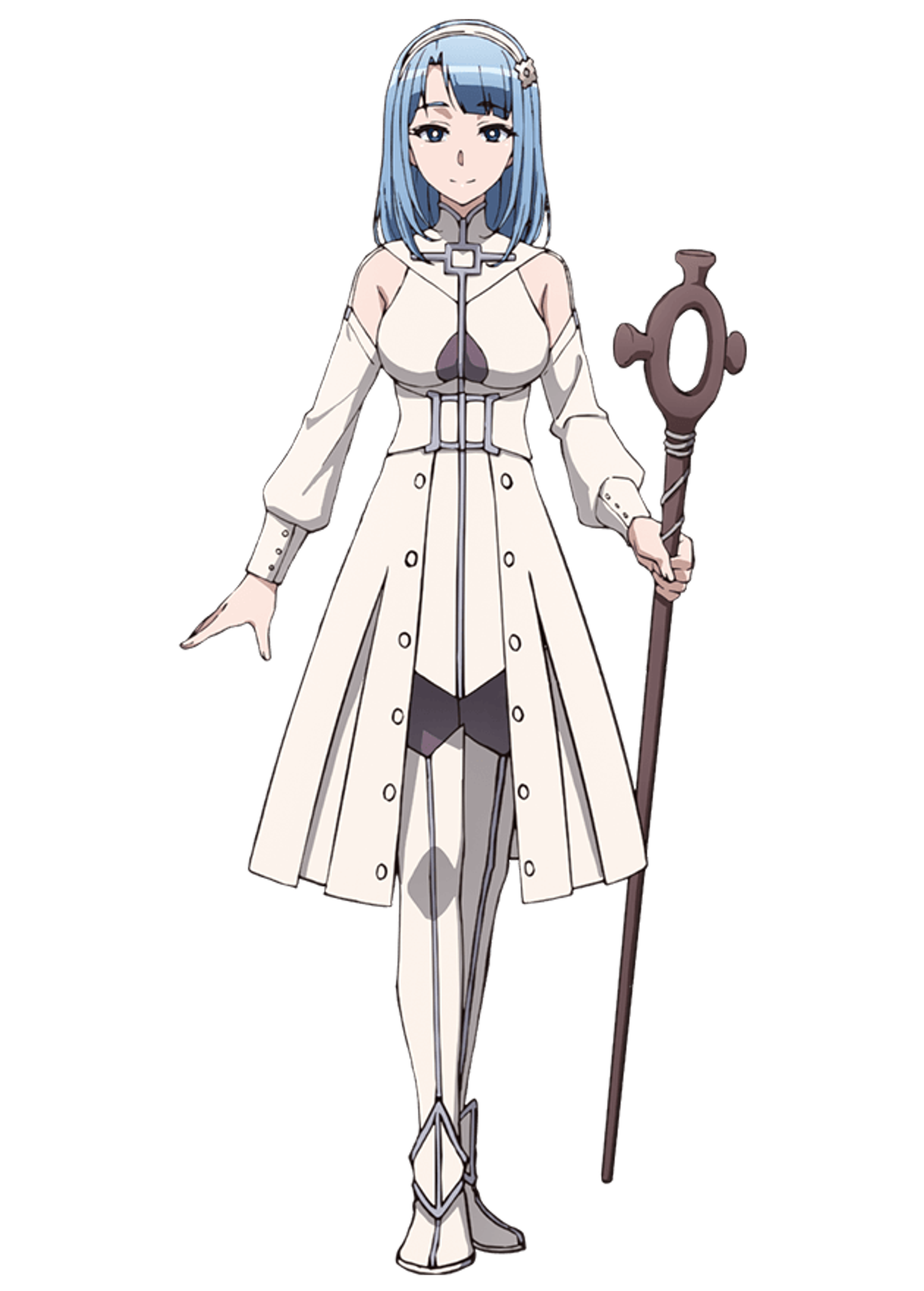 A young blue-haired woman in a white magical girl-style outfit, posing confidently.