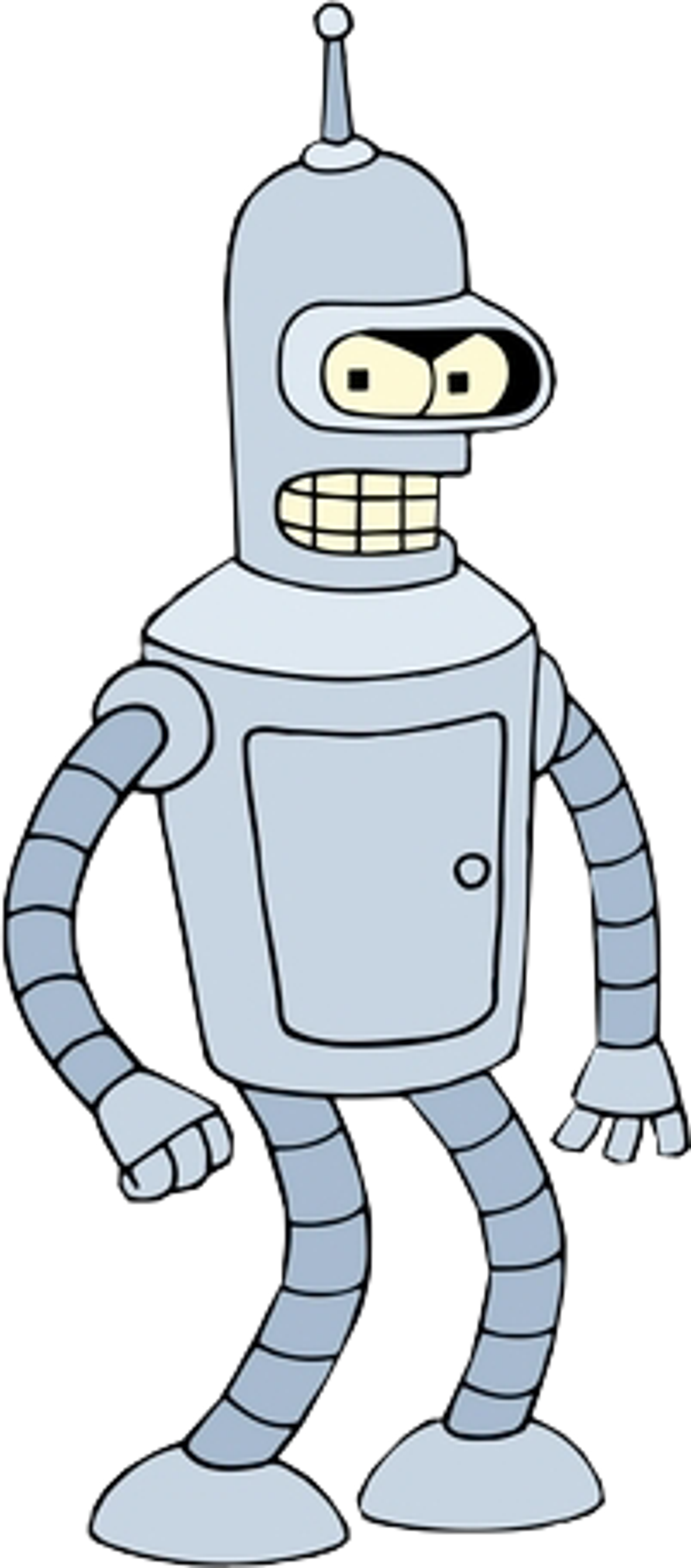 A cartoon robot character with a rectangular metal body, large expressive eyes, and a wide grinning mouth.