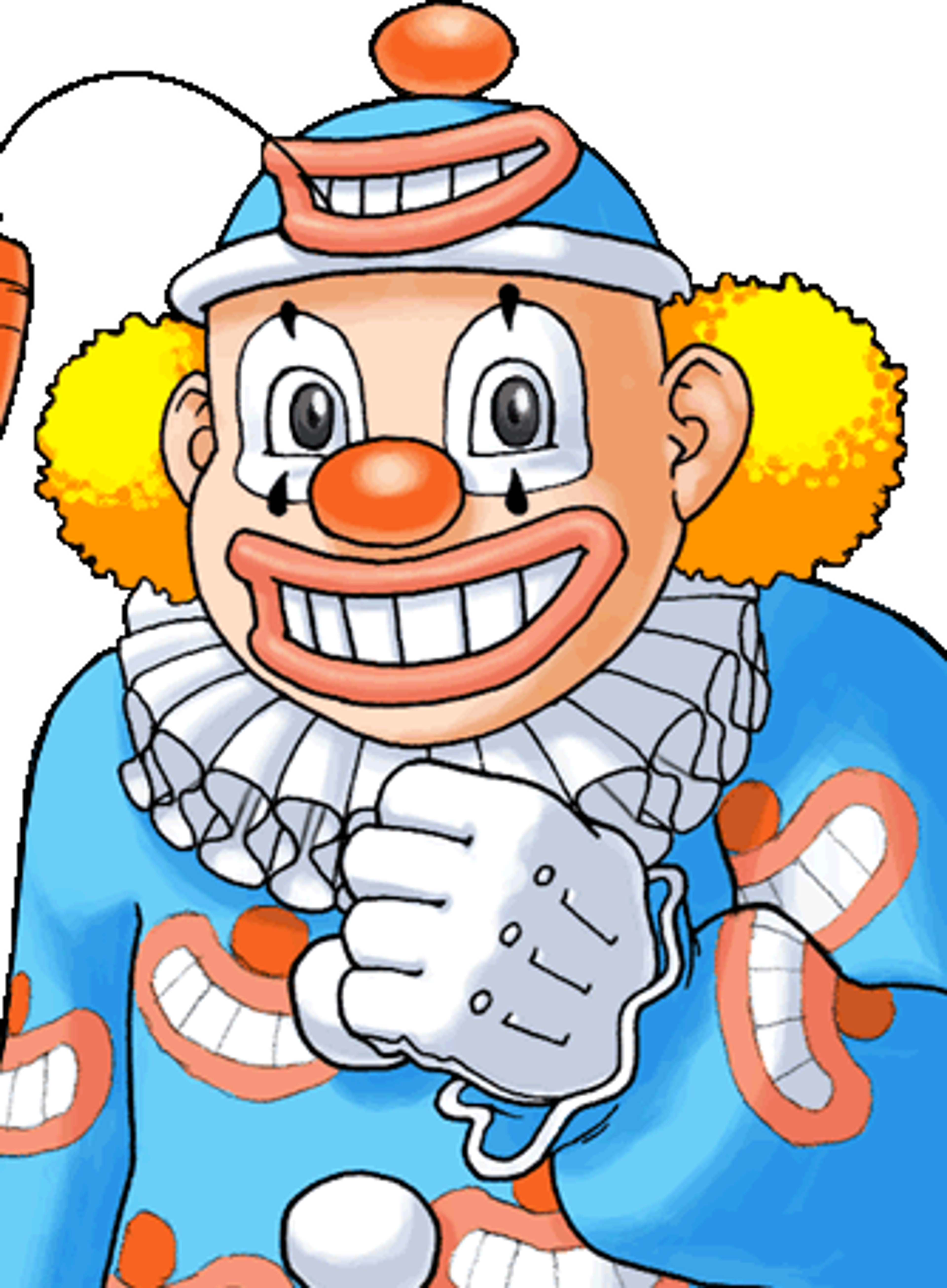 A cartoon clown character with a large, friendly smile