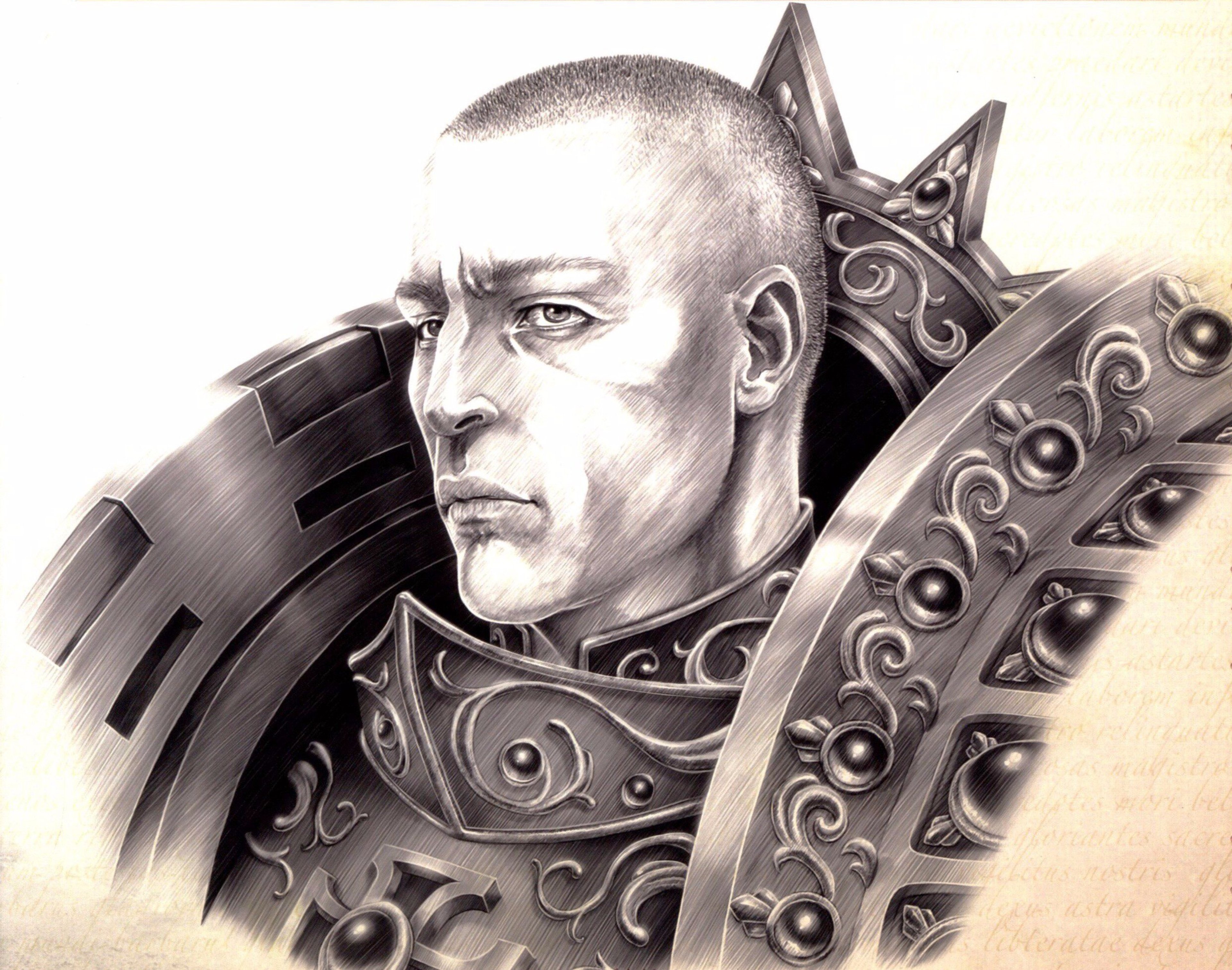 A portrait of a heavily armored, muscular figure with a stern expression, wearing ornate golden armor.