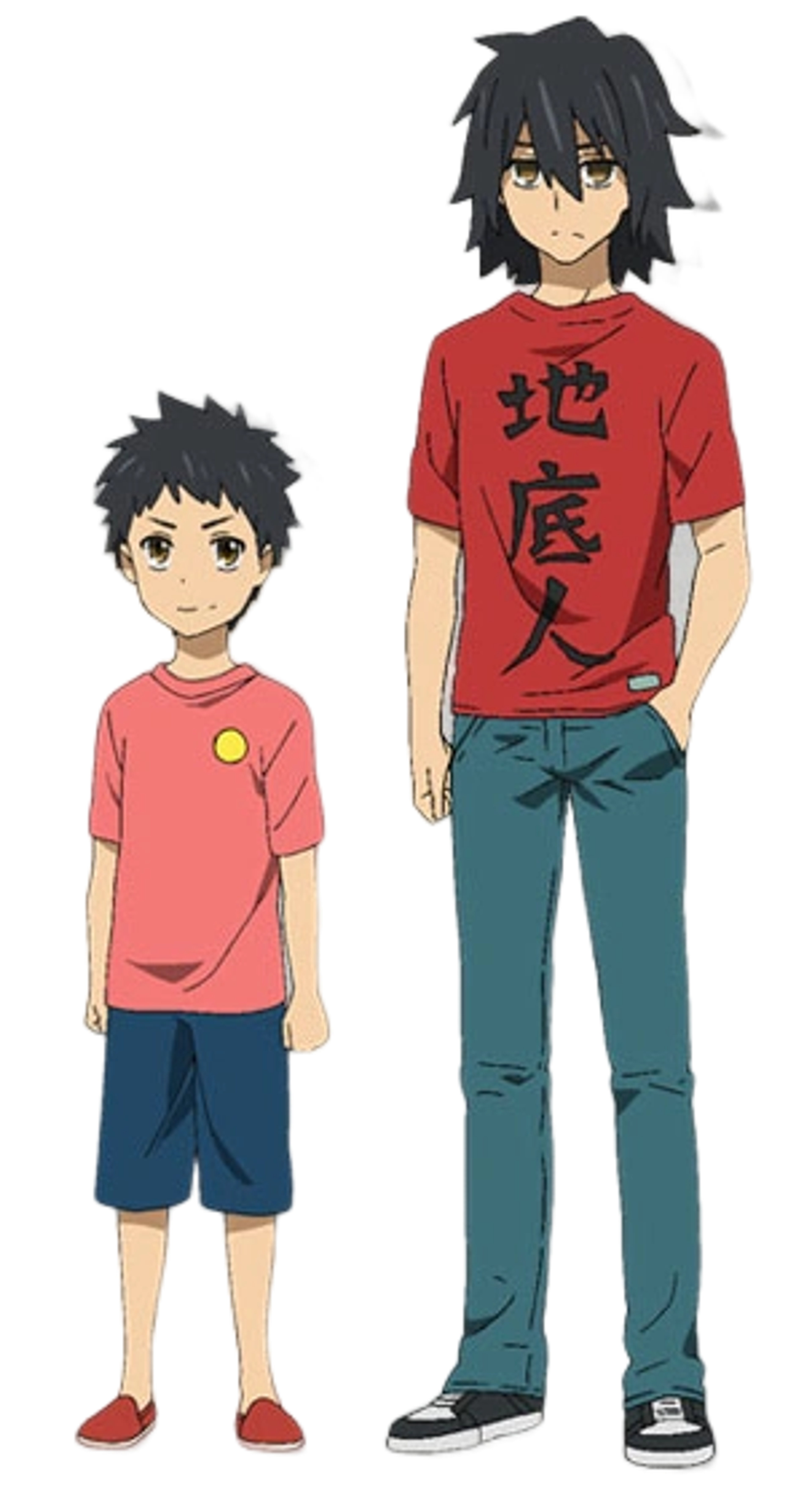 Two anime-style characters, a younger boy and an older boy, standing together.