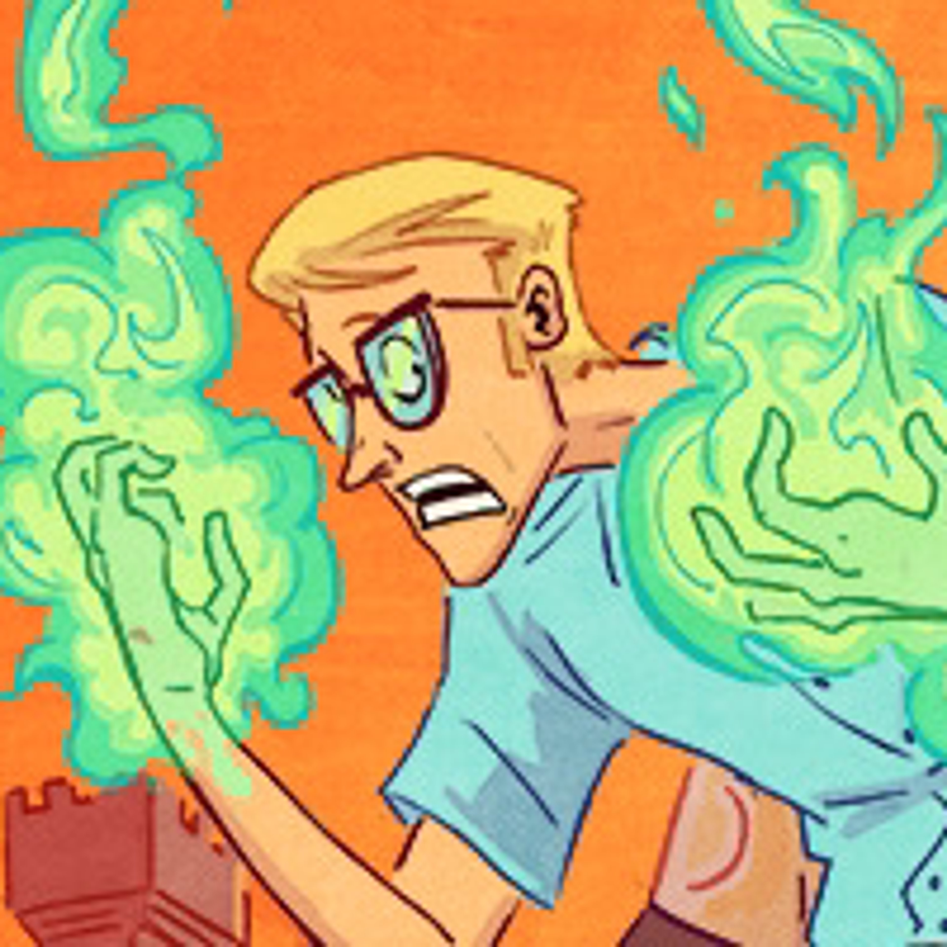 A cartoon character with a worried expression on a colorful, abstract background