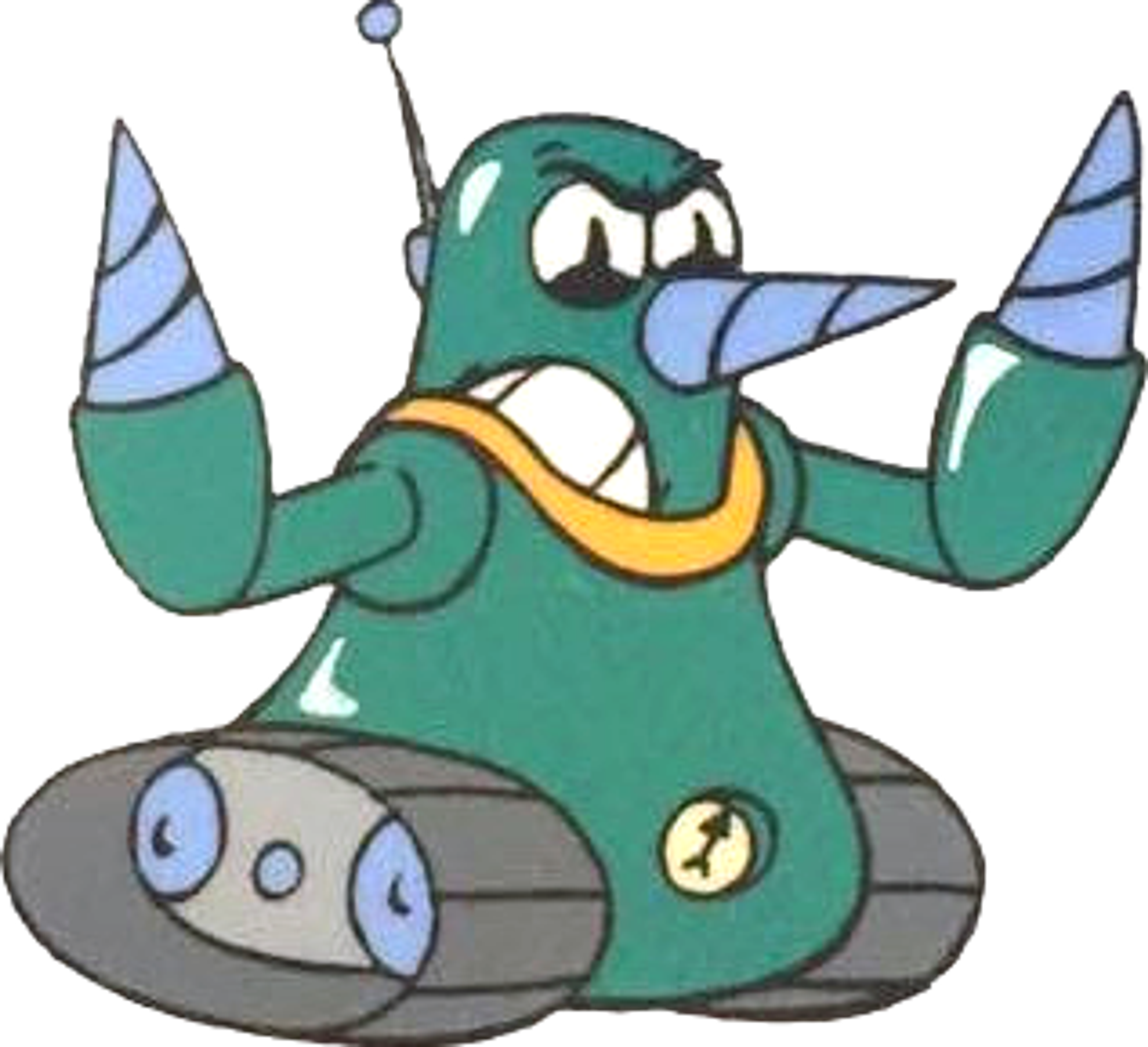 A teal robot with tank treads, drills for hands, and an array of gadgets and accessories.