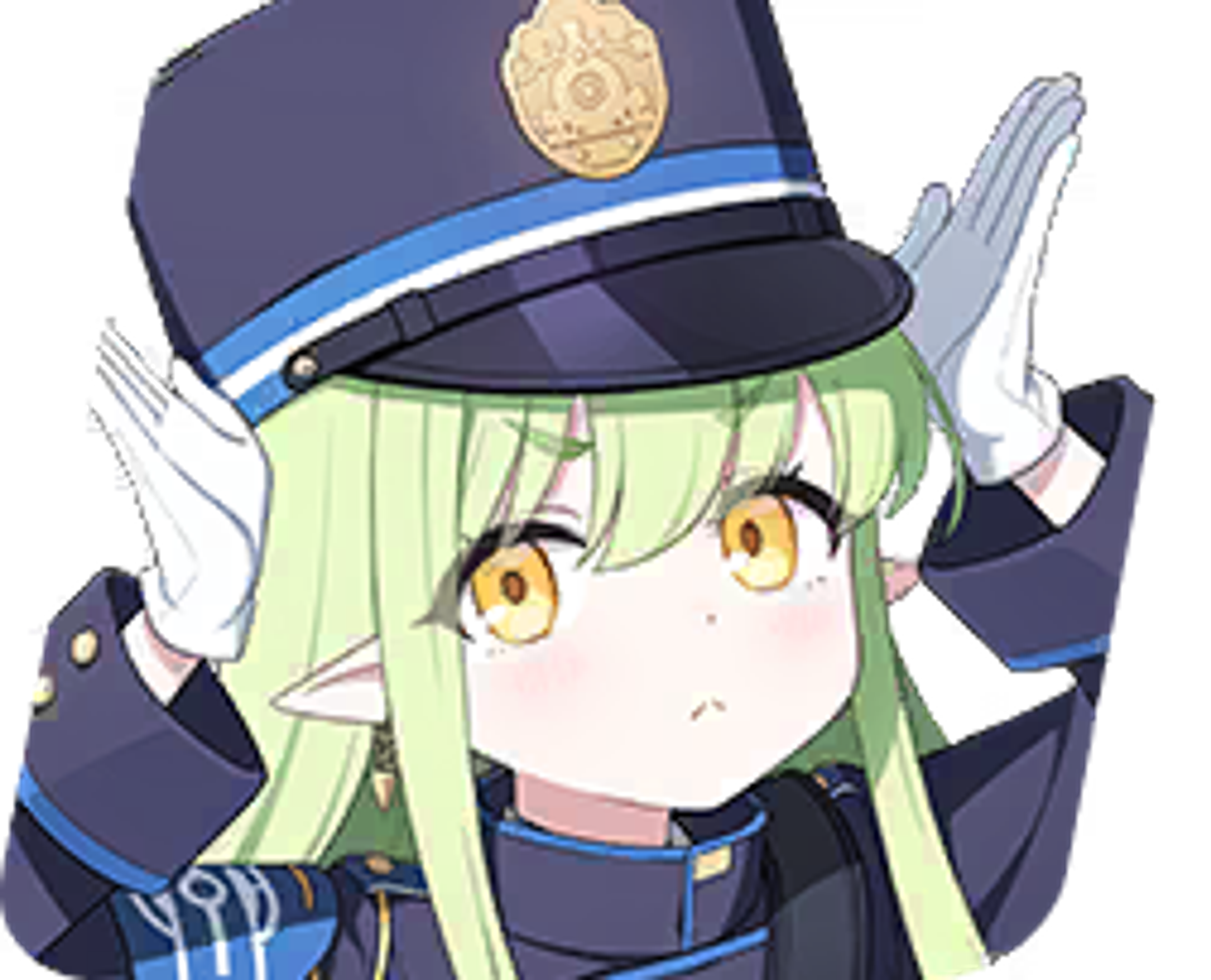 A young, anime-style girl in a police uniform with a cap